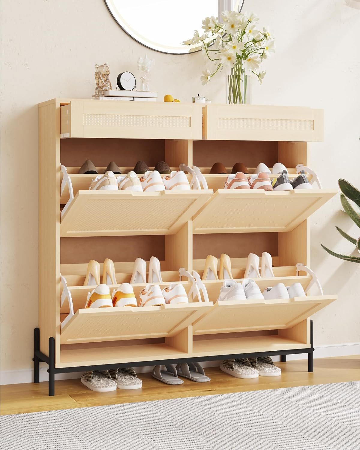 GarveeMore Schuhschrank Rattan mit 4 Klappen,Schmal Schuhkipper,100x23.5x100cm Schuhkommode 4 Flip Tür mit 8 Ablageflächen für Eingang,Flur