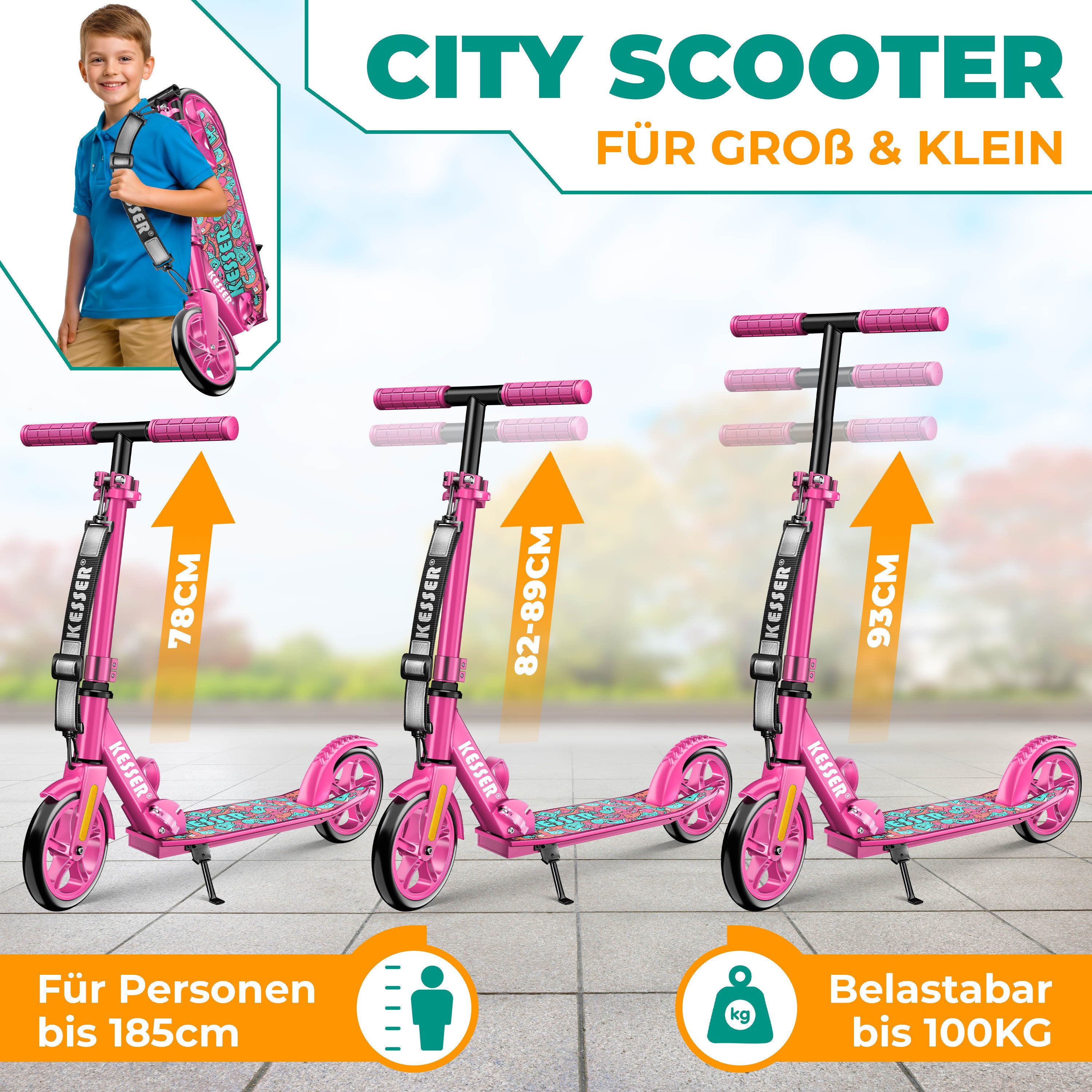 KESSER Scooter mit Hinterradbremse & rutschfeste Trittfläche, bis 100kg & 185cm Körpergröße, klappbar höhenverstellbar – Bild 4 von 5