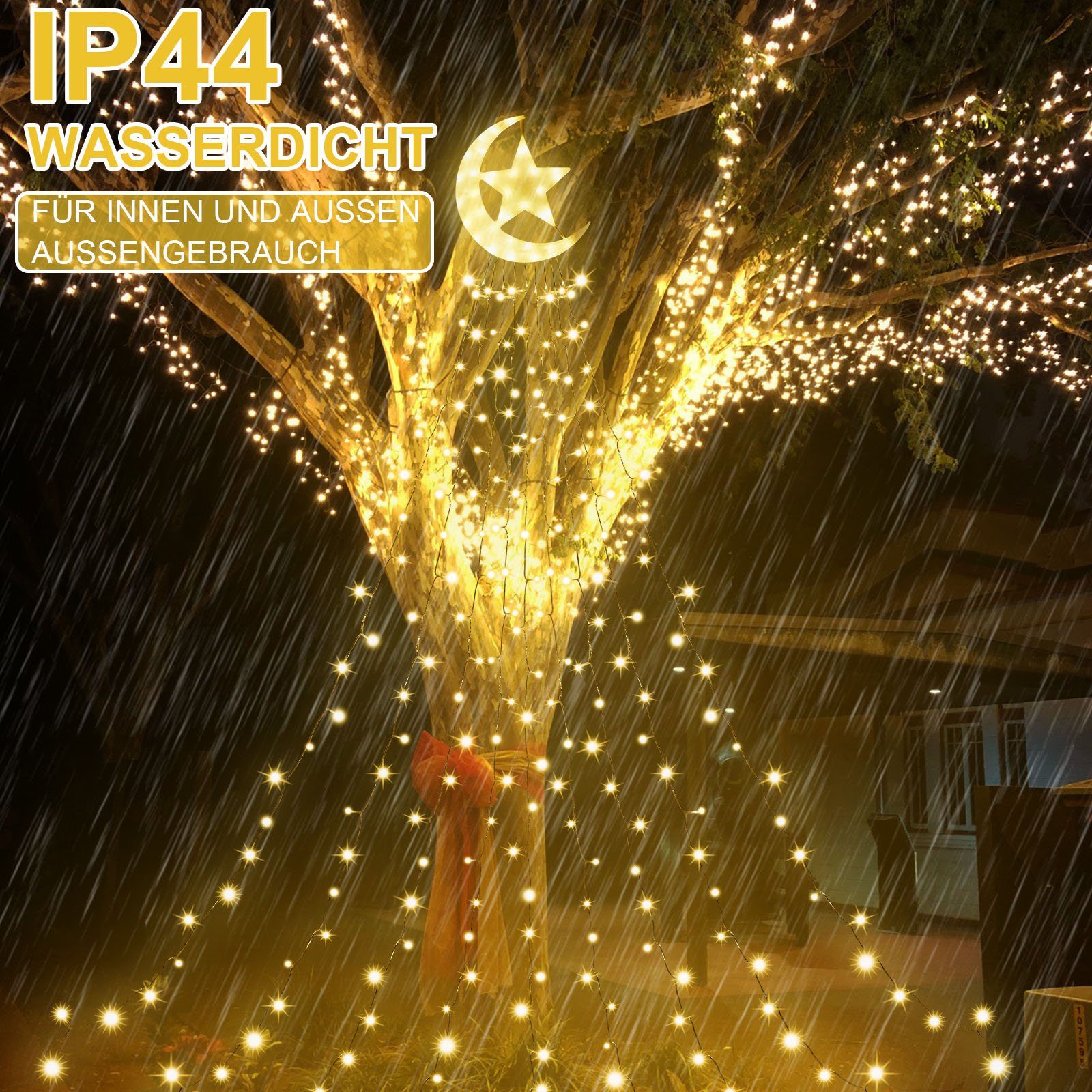 Christbaumbeleuchtung,8-Modi,Timer,IP44 LED Laybasic LEDs, Warmweiß Star,350 Wasserdicht Lichterkette mit Moon LED-Lichterkette 350-flammig, Weihnachtsbaum Topper