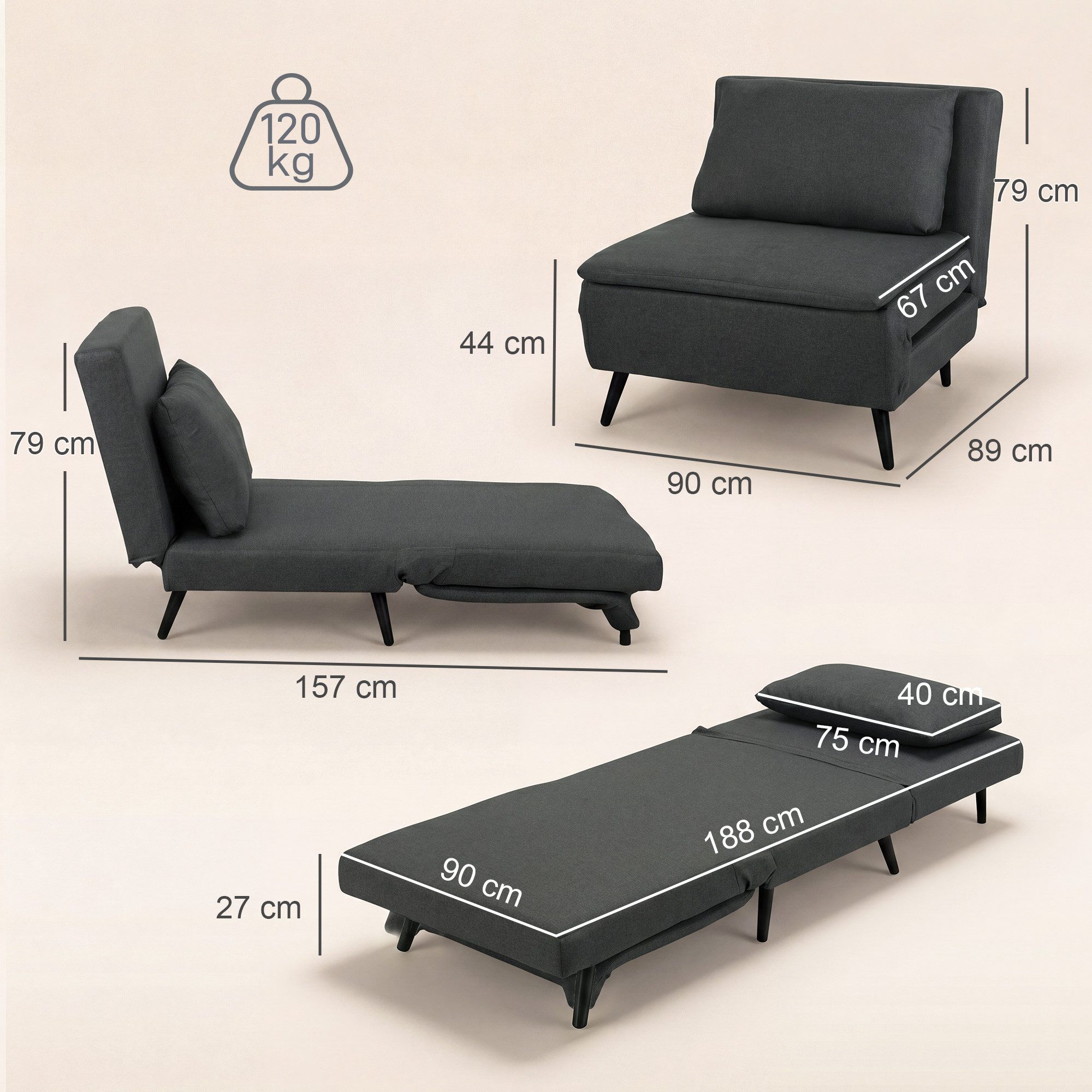 HOMCOM Schlafsofa Schlafsessel Sessel 3-in-1 Bettfunktion, Leinenoptik Dunkelgrau, Set 1 Teile, 3-in-1, 3-fach verstellbar – Bild 3 von 5