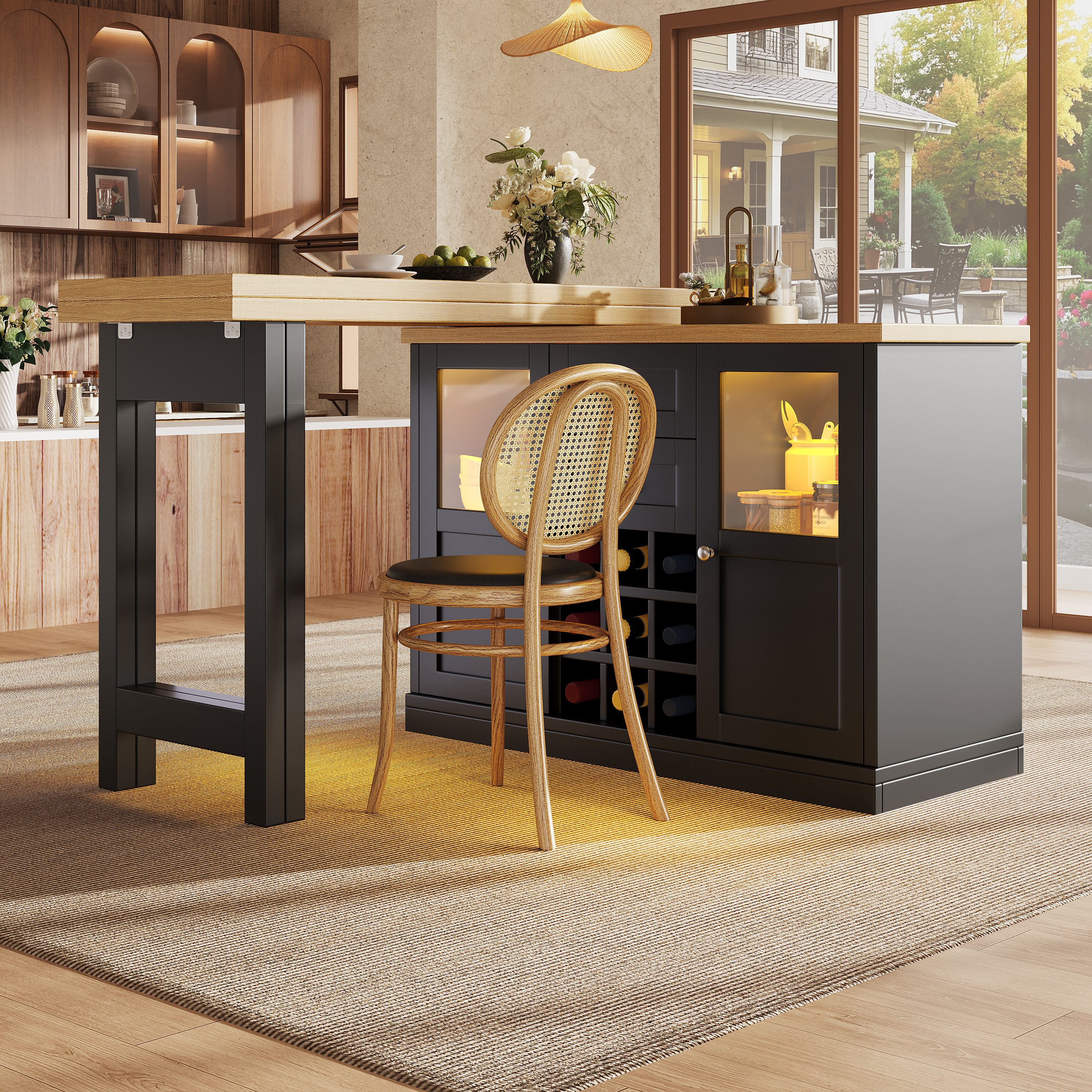 MODFU Bartisch für Küche und Wohnbereich (mit 3-farbiger LED-Beleuchtung, 120-197cm, 360° drehbar, mit Stauraum & Weinregal, Weiß/Schwarz., 1-St., 120-197*40*72cm(L x B x H), mit Stauraum