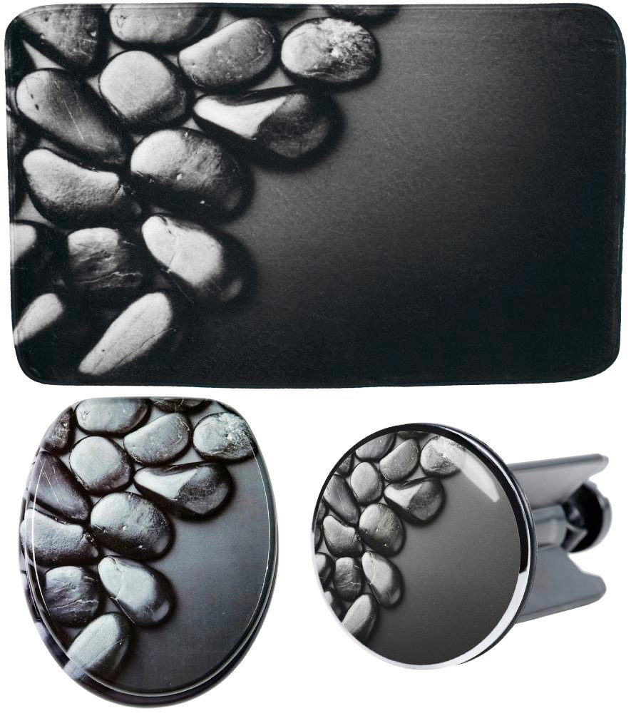Sanilo Badaccessoire-Set Hot Stones, Komplett-Set, 3 tlg., bestehend aus WC-Sitz, Badteppich und Waschbeckenstöpsel