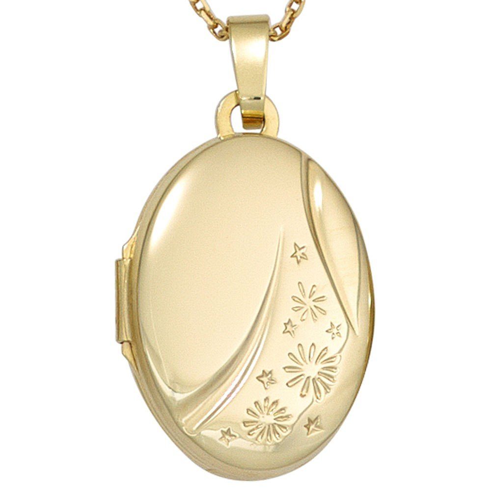 Schmuck Krone Kettenanhänger Medaillon Anhänger zum Öffnen Gravur Sternchen 585 Gold Gelbgold oval Amulett, Gold 585