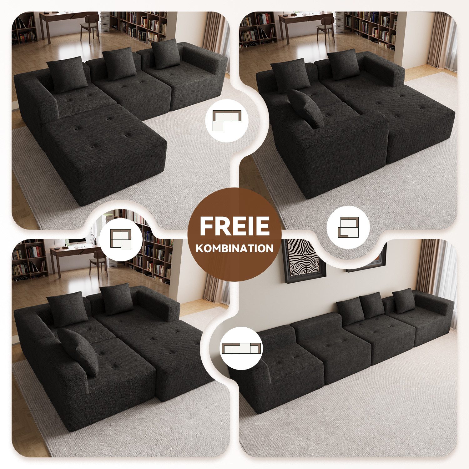 Lexzurn Ecksofa Sofa mit Federkern Widersteht dem Durchsitzen, B: 258.5cm Schlafsofa, mit großer Chaiselongue & 3 Zierkissen, Chenille-Struktur keine Montage er – Bild 5 von 5