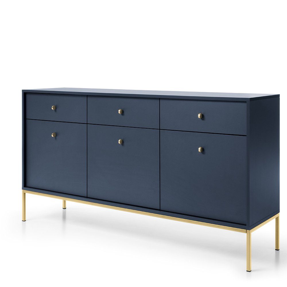 Lomadox Sideboard MALAGA-160, 154cm breit, marineblau, Fußgestell goldfarben, goldene Griffe