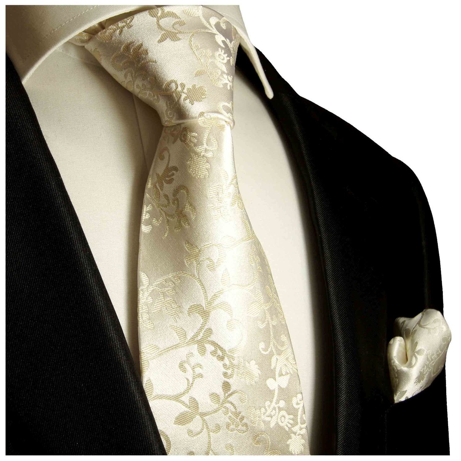 Hochzeitskrawatte Bräutigam (8cm), Krawatte Tuch Paul Krawatte 948 Einstecktuch) Hochzeit mit 100% Seide mit (Set, champagner floral 2-St., Breit Malone