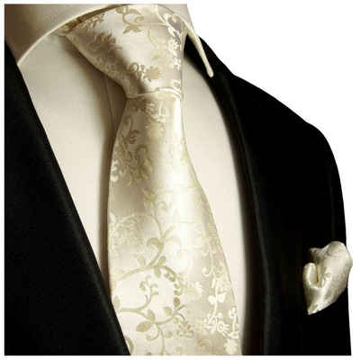 Paul Malone Krawatte Hochzeitskrawatte mit Tuch floral 100% Seide Bräutigam Hochzeit (Set, 2-St., Krawatte mit Einstecktuch) Breit (8cm), champagner 948