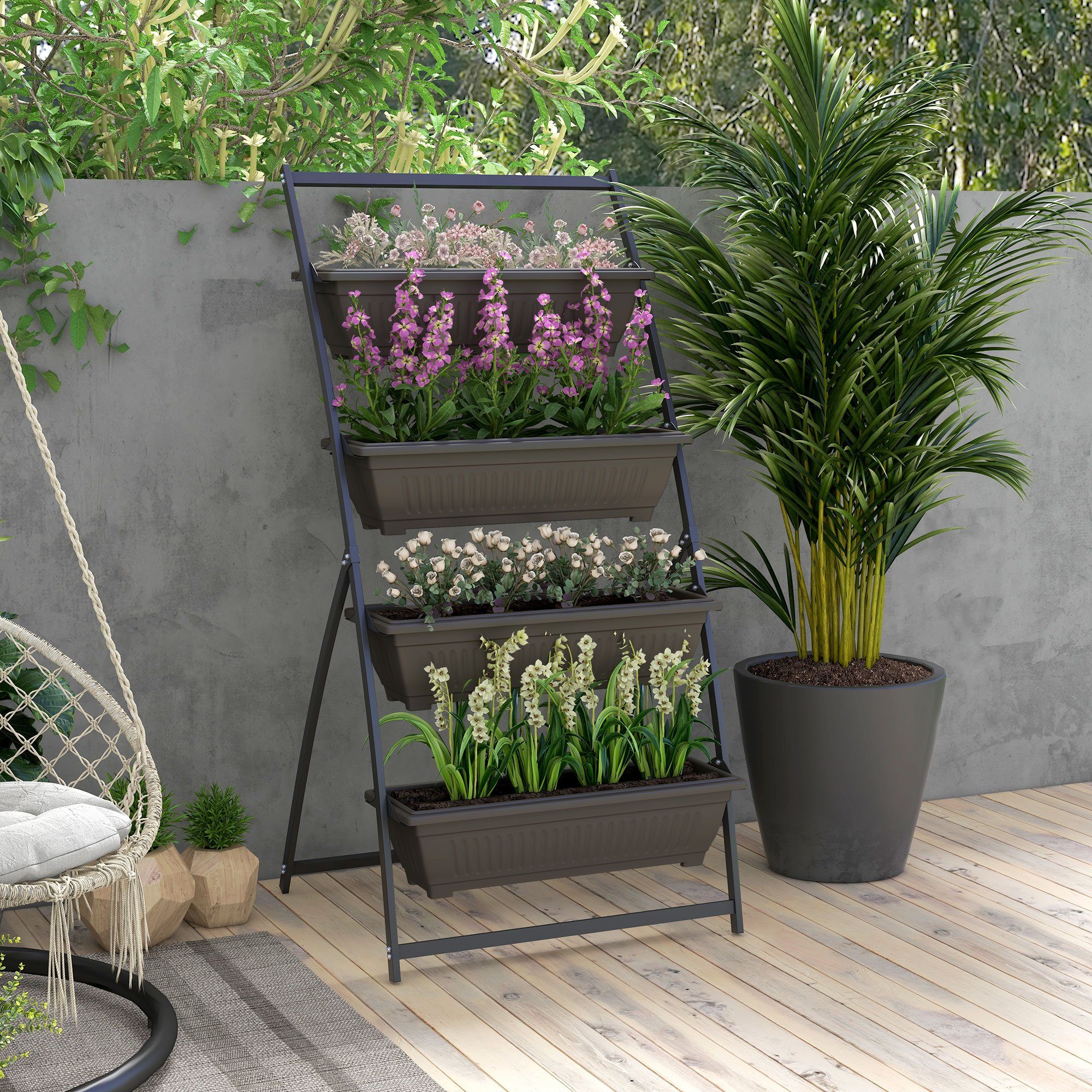 Outsunny Pflanzentreppe Pflanzenständer, Blumenständer mit 4 Etagen, Löchern (Blumentreppe, 1 St., Blumenregal), für Garten, Stahl, Braun, 76 x 79 x 162 cm