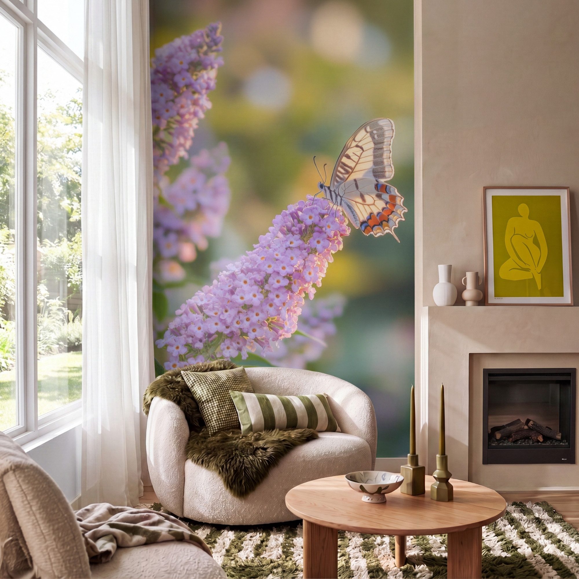 OnlyWow Fototapete Verschnörkelt - Schmetterling - Lila - Blumen, Matt, bedruckt, Wandtapete, bedruckt, Schlafzimmer 120x200cm