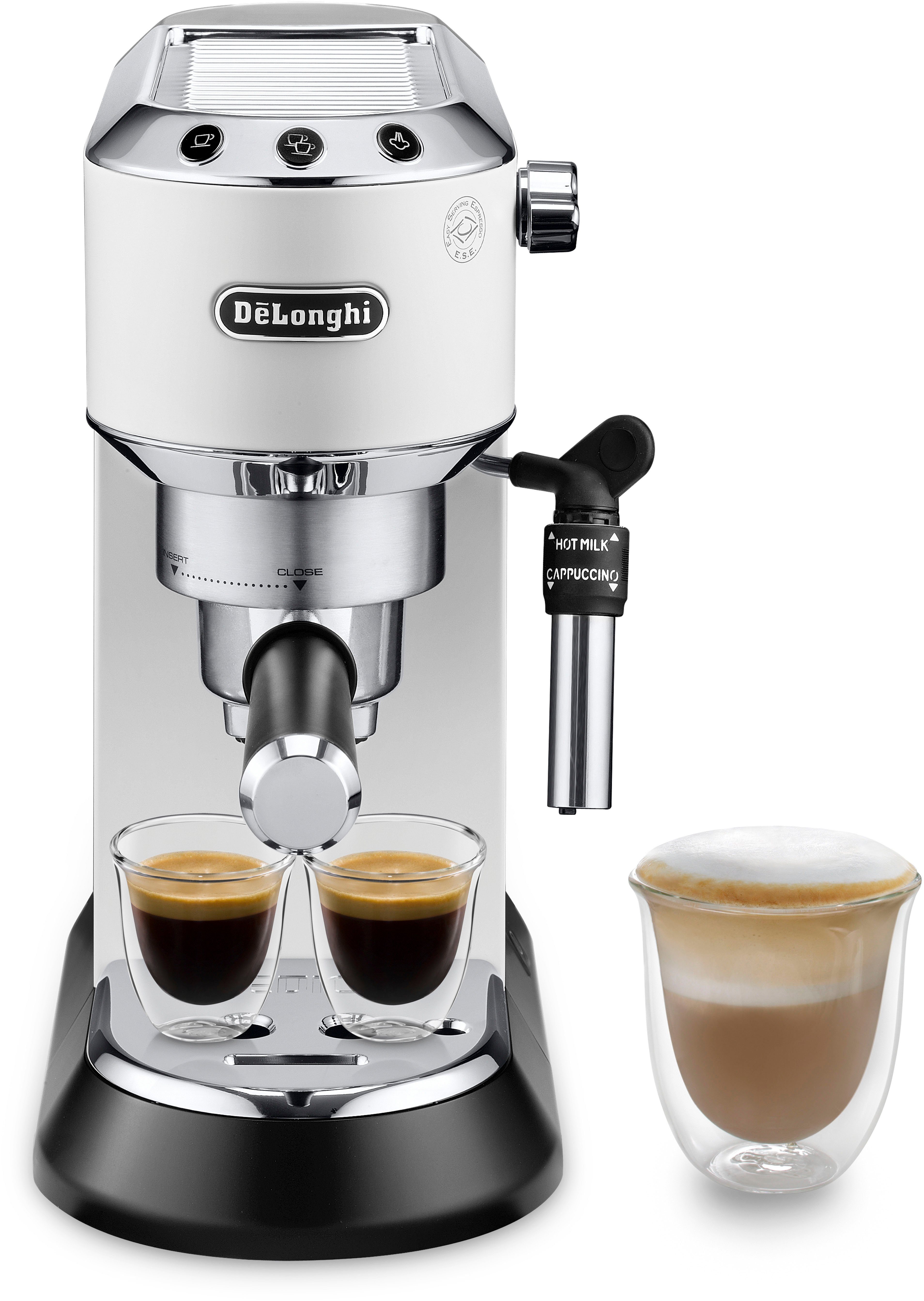 De'Longhi Espressomaschine Dedica Style EC685.W - Espresso & Doppio, 15 Bar inkl. Barista Kit, Nur 15 cm breit, für E.S.E Pads geeignet, 1L, inkl. Milchschaumdüse