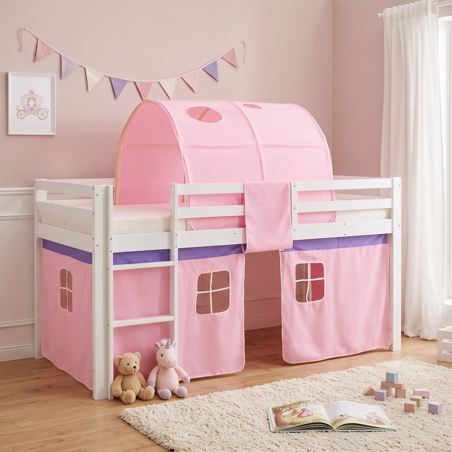 Homestyle4u Hochbett Kinder mit Rutsche mit / ohne Matratze 90x200 Rosa Mädchen (Set, mit Lattenrost, Tunnel) Kiefer, Jungen Mädchen