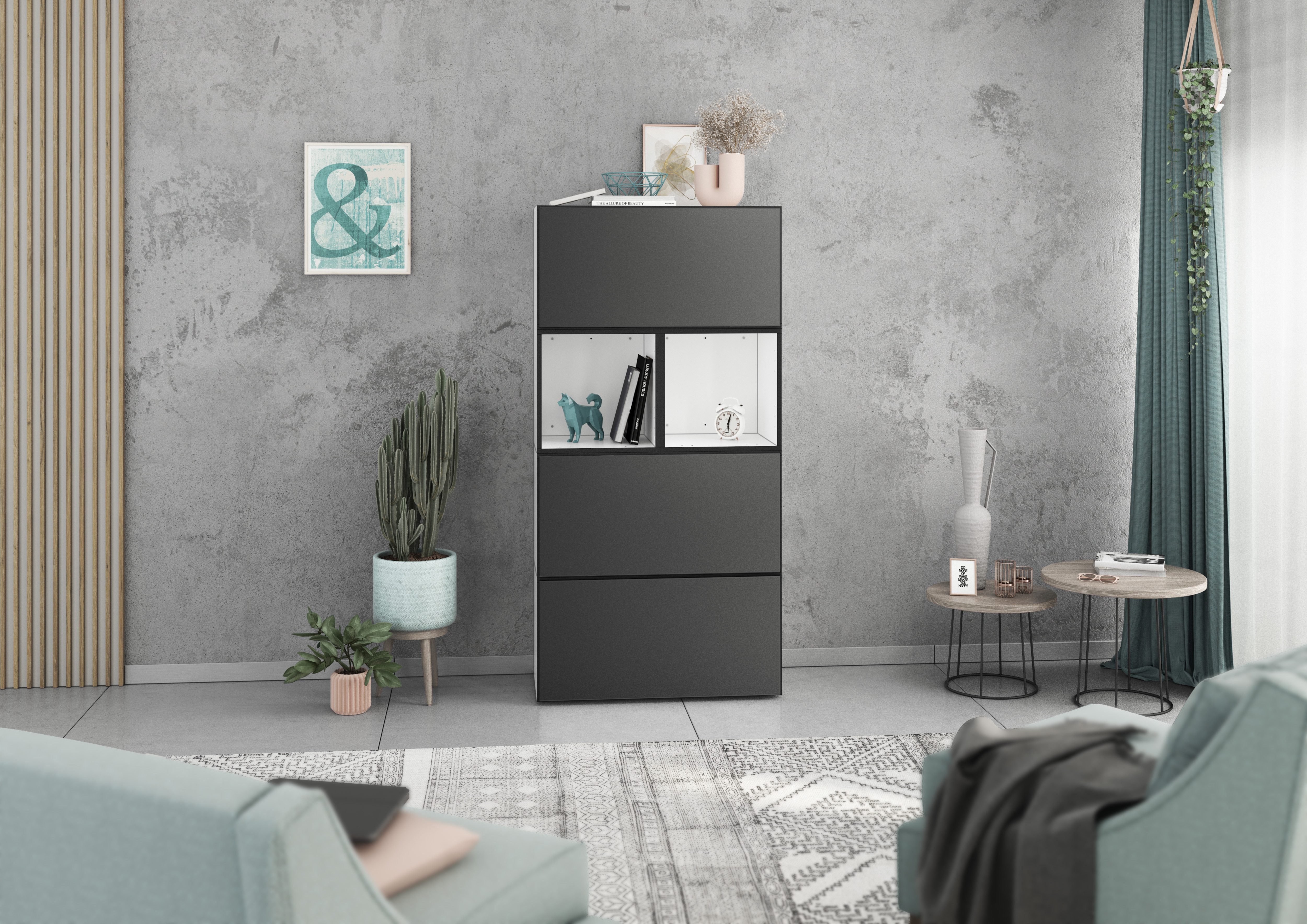 BMG Möbel Stauraumvitrine Modul+ (Highboard Set 5 tlg., besteht aus: 3x Schrank mit Klappenfunktion, 2x Regal) Schränke frei kombinierbar, wandhängend oder stehend