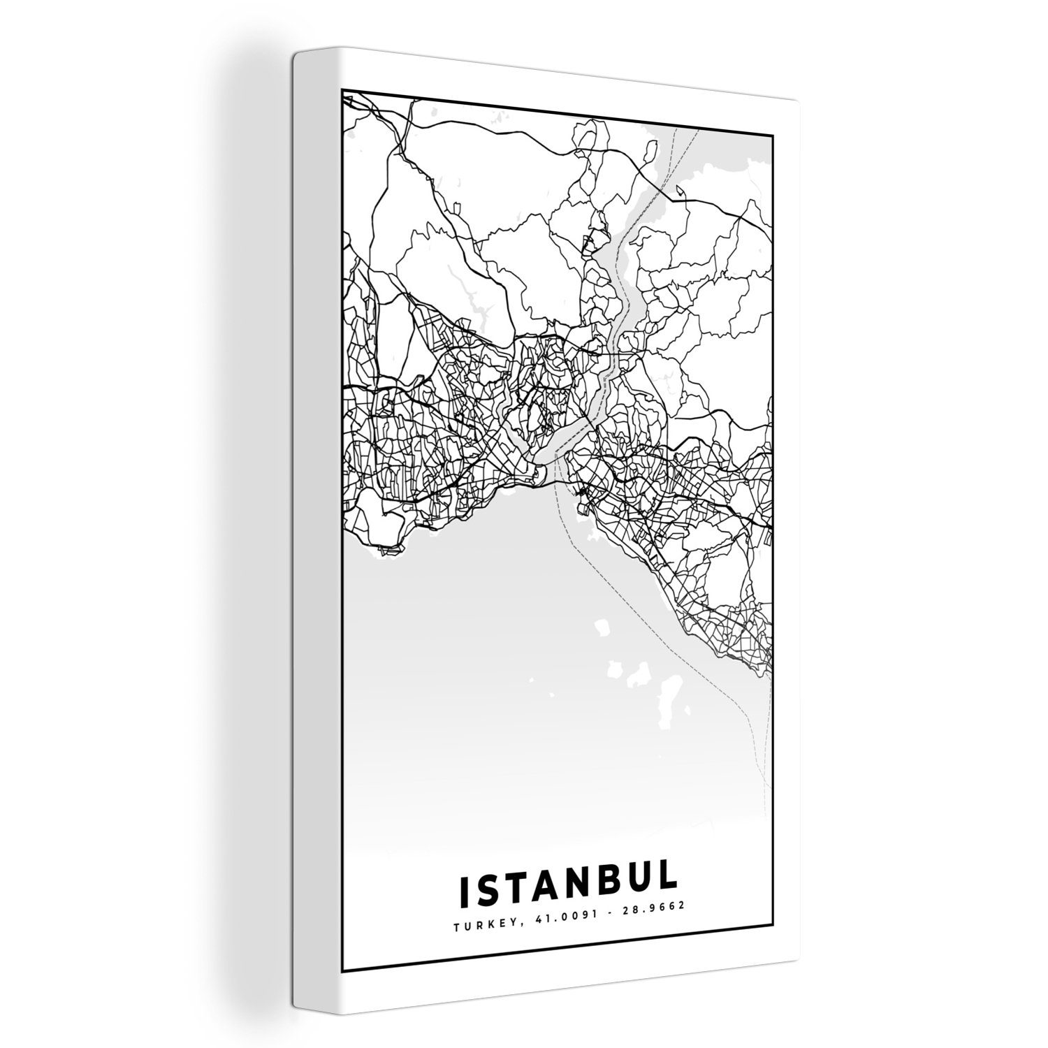 - 20x30 - Stadtplan cm St), - Gemälde, - OneMillionCanvasses® Karte, inkl. Leinwandbild Karte bespannt Leinwandbild fertig Istanbul Schwarz-weiß (1 Zackenaufhänger,