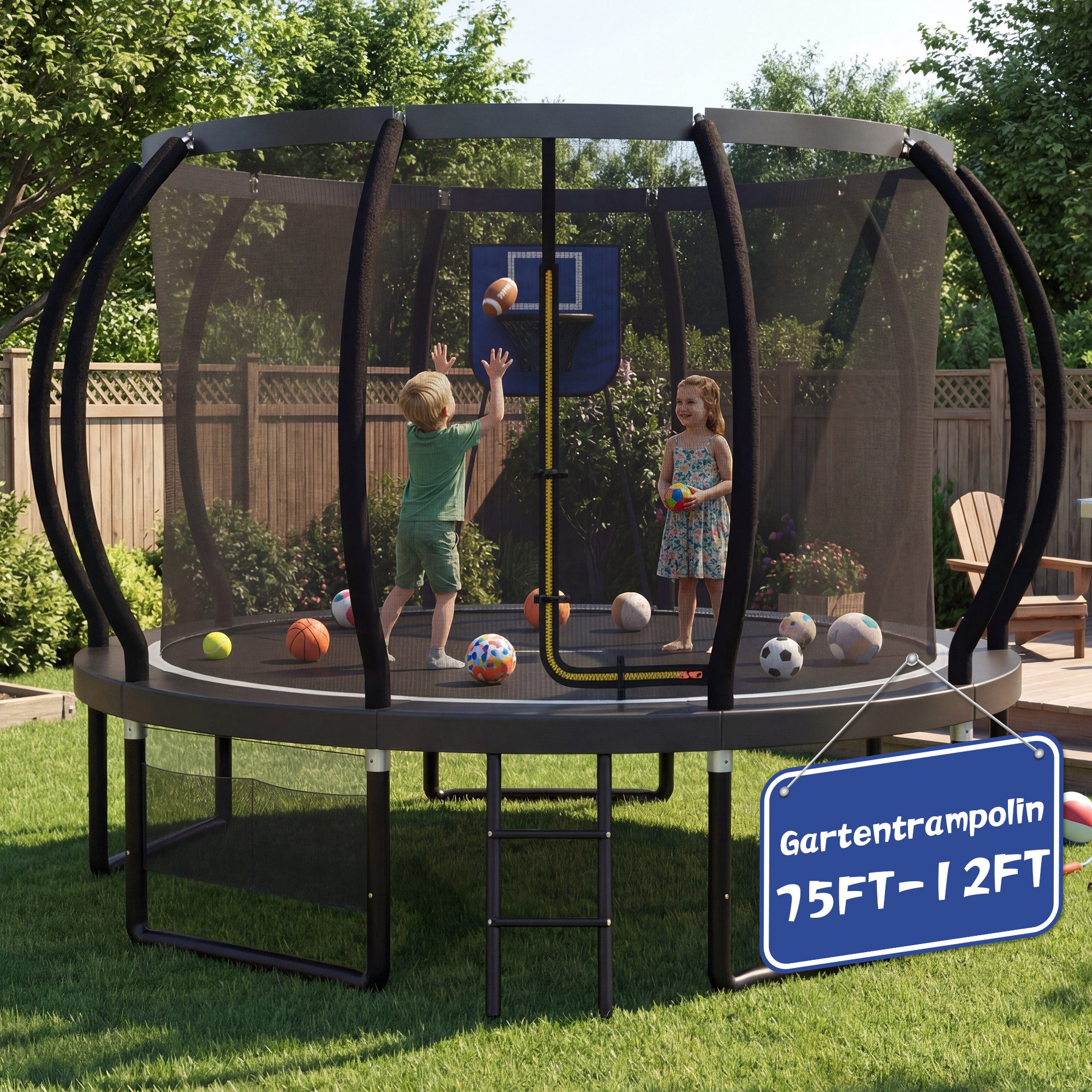 GUNJI Gartentrampolin Basketballkorb-Trampolin, Durchmesser 228/305 cm, Kindertrampolin, Ø 366 cm, (Enthält Leiter, Sicherheitsnetz, Schuhnetz, 360°-Schutzgitter und Fallschutzmatte, mit einer Tragkraft von 150 kg-ostern geschenke)