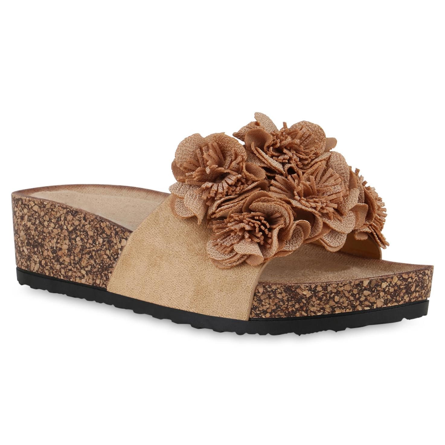 VAN HILL 840991 Sandalette Damen Pantoletten Сандалеты Blumen Volants Korkoptik
