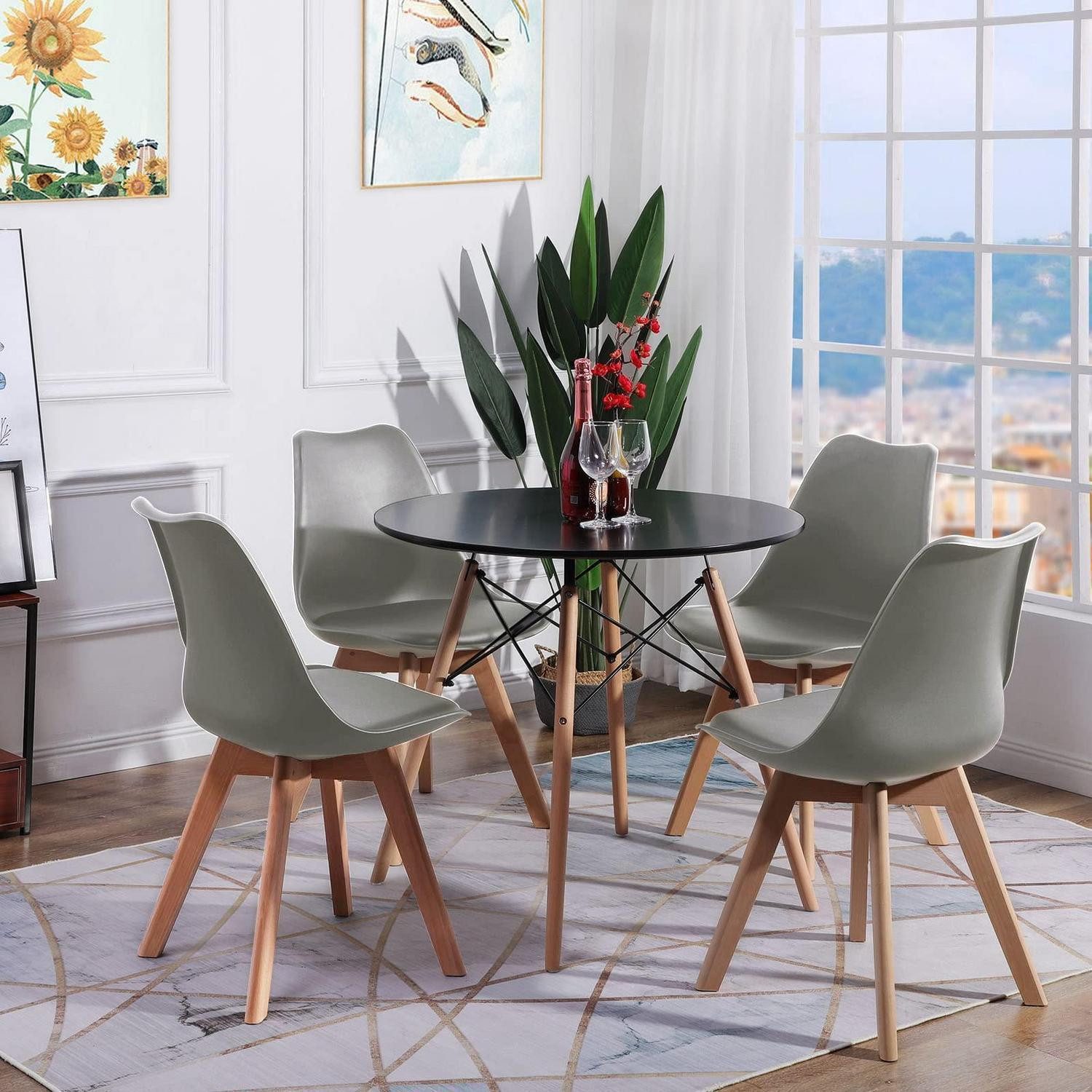 LuxusKollektion Esstisch Esszimmermöbel Set Esstisch rund Schwarzer MDF-Tisch 4 Gris Chaises (1-St)