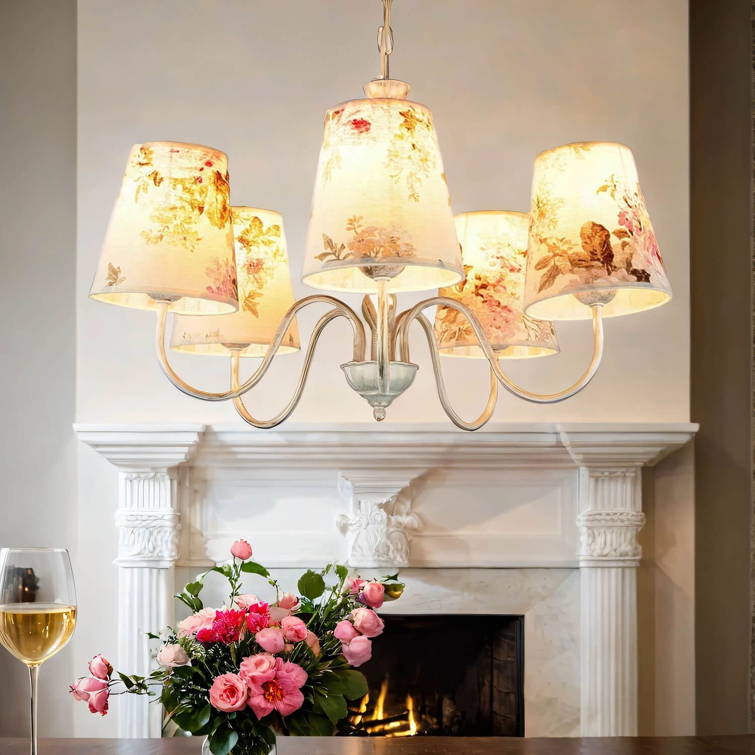 Licht-Erlebnisse Kronleuchter LOREN, ohne Leuchtmittel, Pendelleuchte Esstisch Weiß Shabby Chic Stoffschirm Pendelleuchte