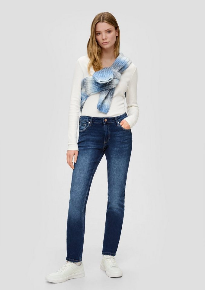 QS Stoffhose Jeans Catie / Slim Fit / Mid Rise / Slim Leg Label-Patch,  Waschung, Kontrastnähte