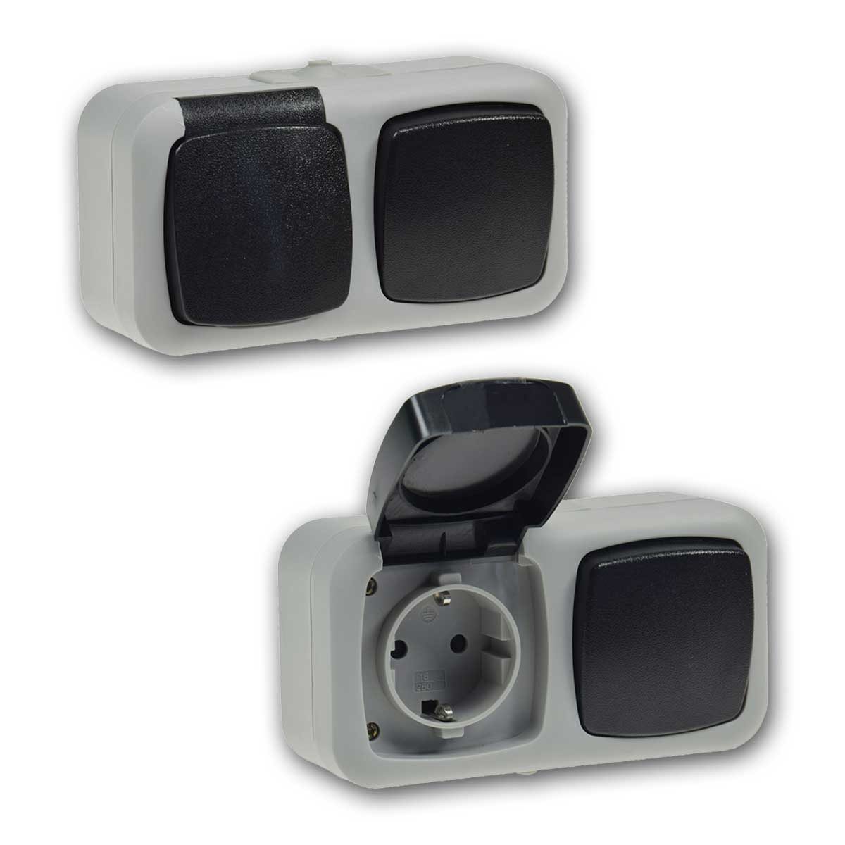 ChiliTec Lichtschalter Feuchtraum Set "Waschraum", grau, IP44, 4-teilig