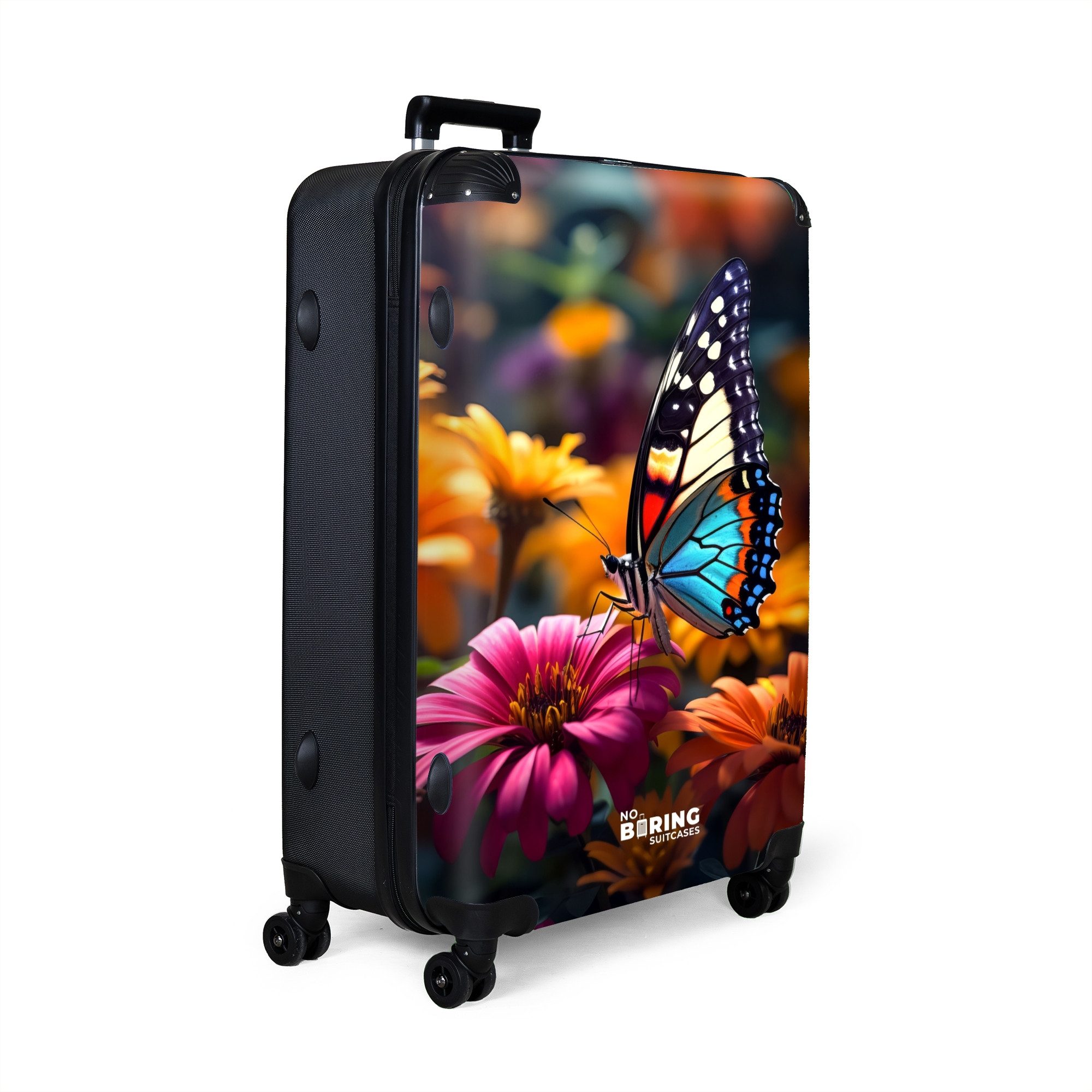 NoBoringSuitcases.com© Hartschalen-Trolley Schmetterling auf bunten Blumen günstig online kaufen