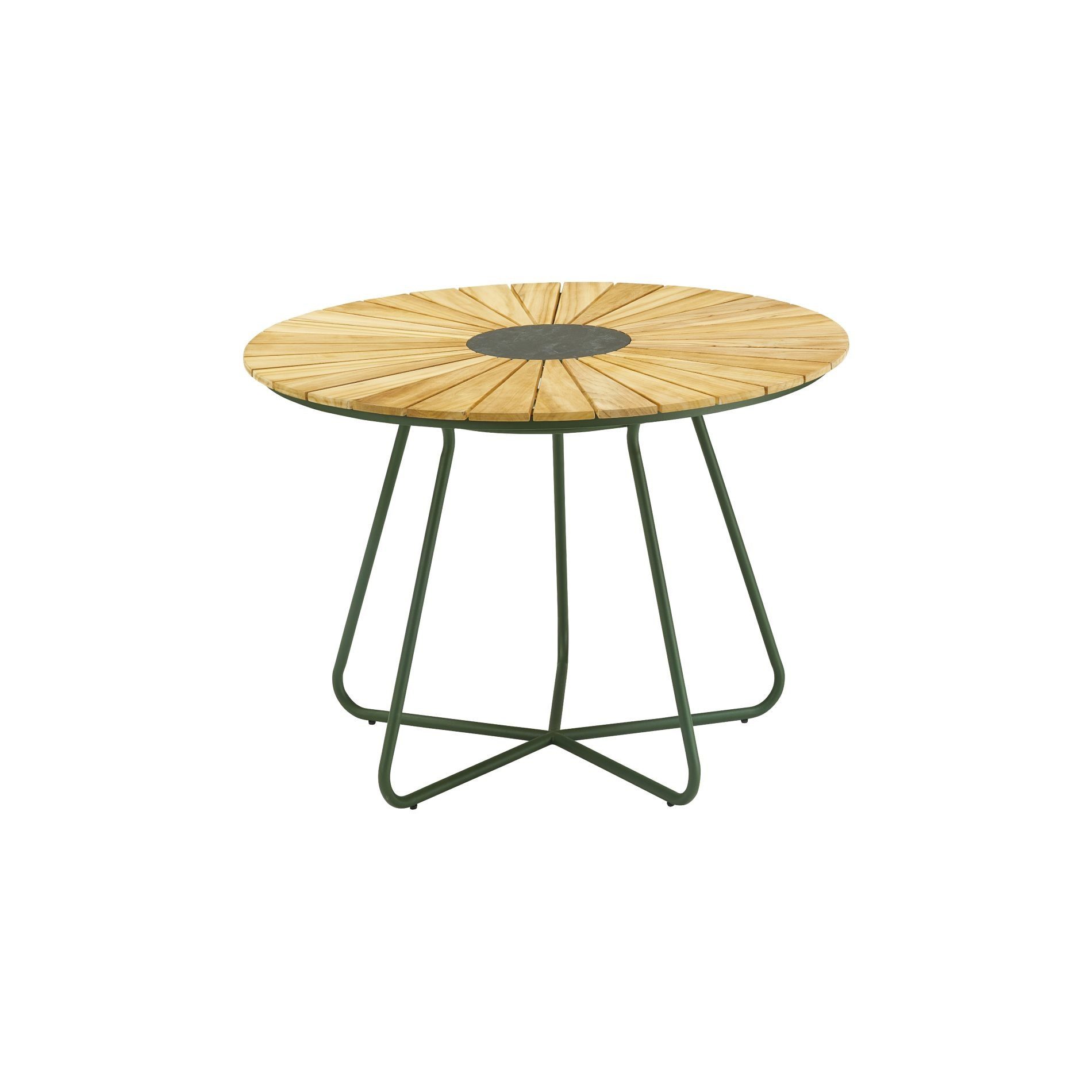 Liadomo Gartentisch Atina (standfester Outdoor-Tisch, rund Ø 110 cm), Teakholz/Edelstahl dunkelgrün, Ablage für heiße Pfannen