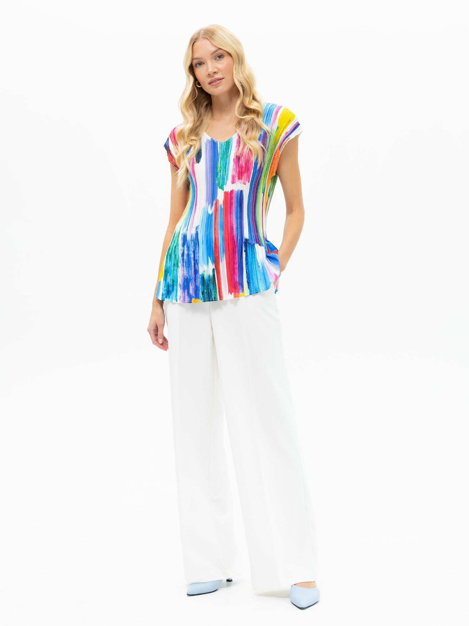 Passioni Plisseeshirt in bunt mit V-Ausschnitt Sommer T-Shirt in bunt mit Plissé Einheitsgröße (36-50) – Bild 4 von 4