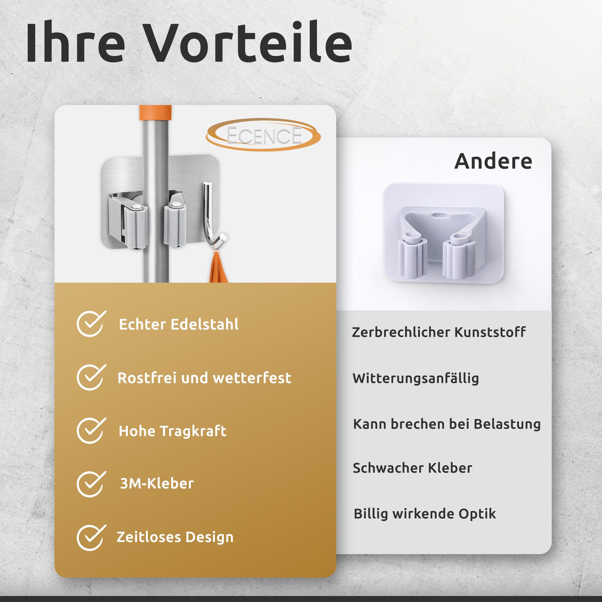 ECENCE Gartengerätehalter 4x Gerätehalter Selbstklebend Silber Wand Garten