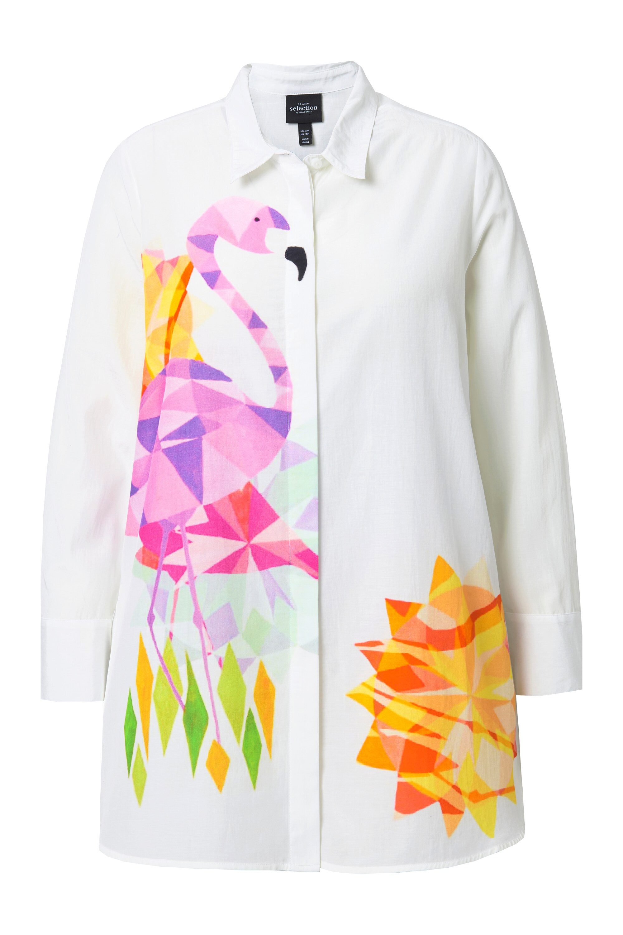 Ulla Popken Hemdbluse Bluse Flamingos A-Linie Hemdkragen Langarm günstig online kaufen