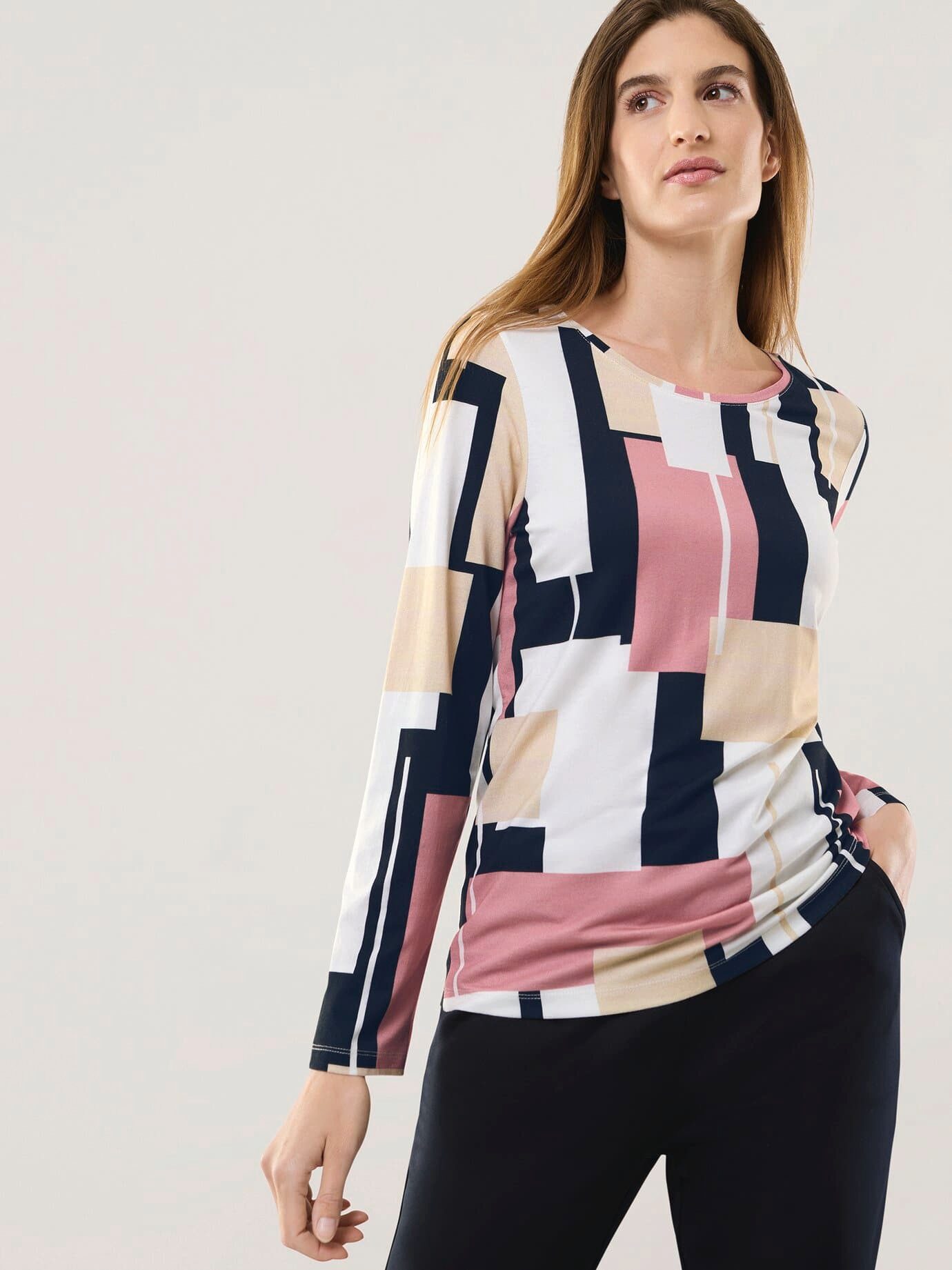 Walbusch T-Shirt Damen Viskoseshirt Geometric Rundhals Langarm Viskosemix (95/5), weichfließend, elastisch, pflegeleicht, gemustert
