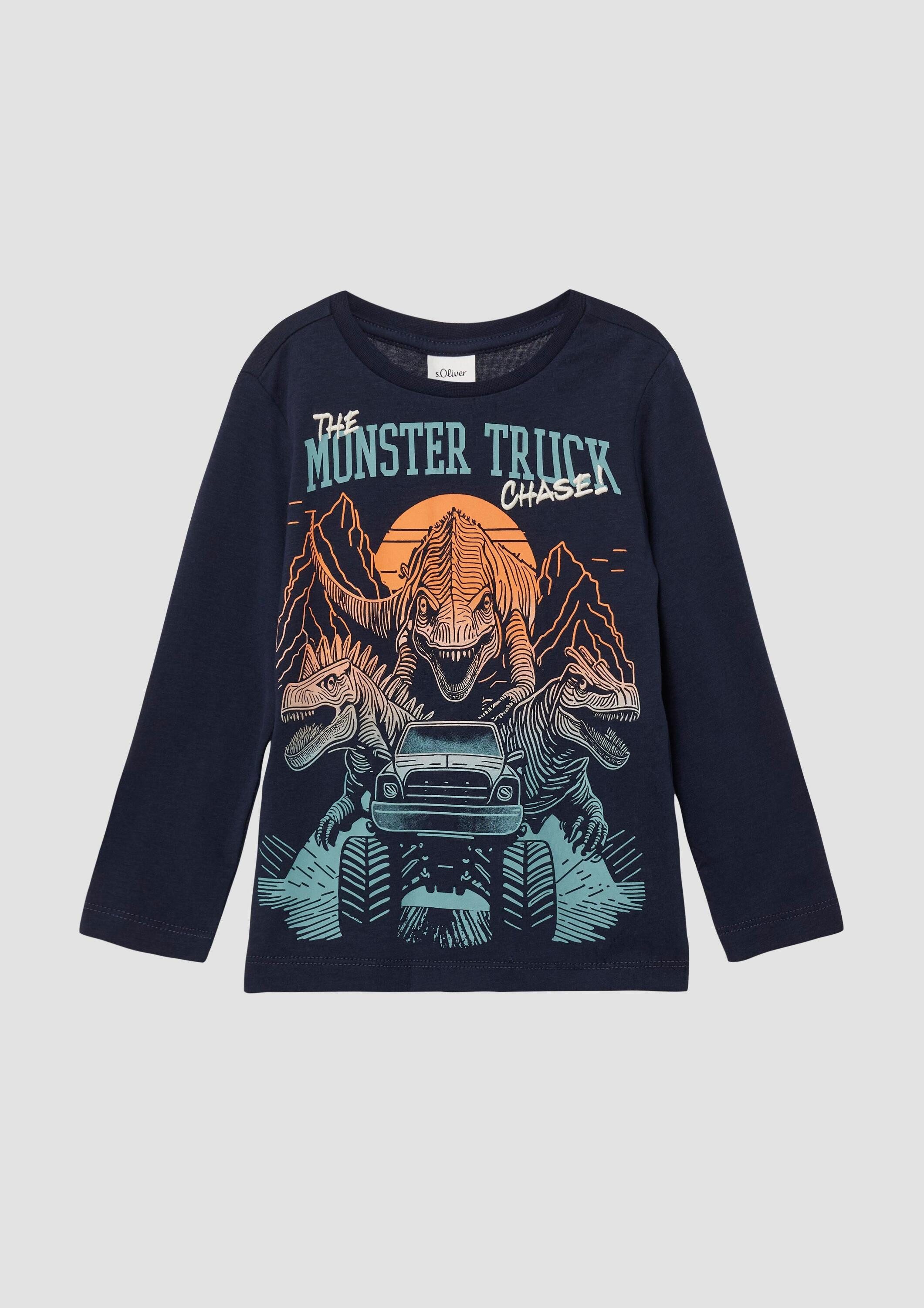 s.Oliver Langarmshirt T-Shirt Longsleeve mit großem Dino-Print und Stickerei-Details