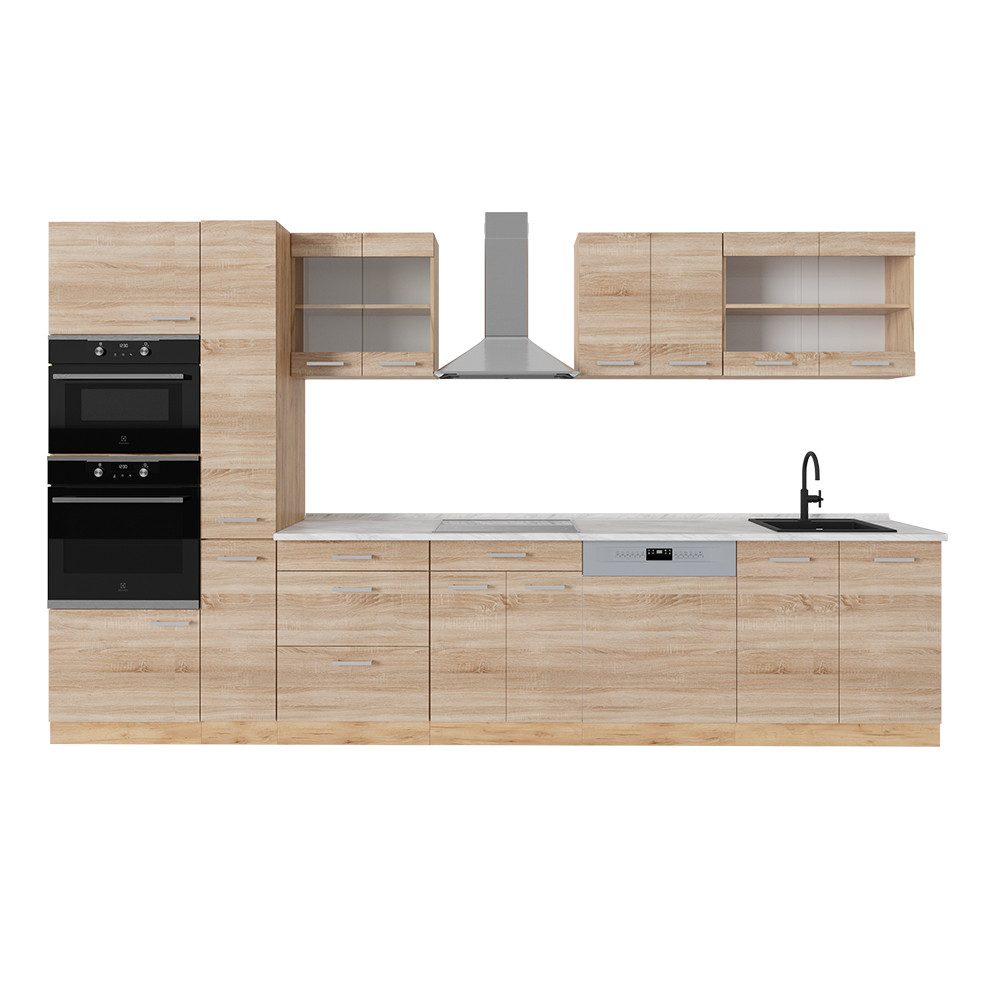 Vicco Küchenzeile R-Line, Sonoma/Goldkraft Eiche, 350 cm, AP Marmor