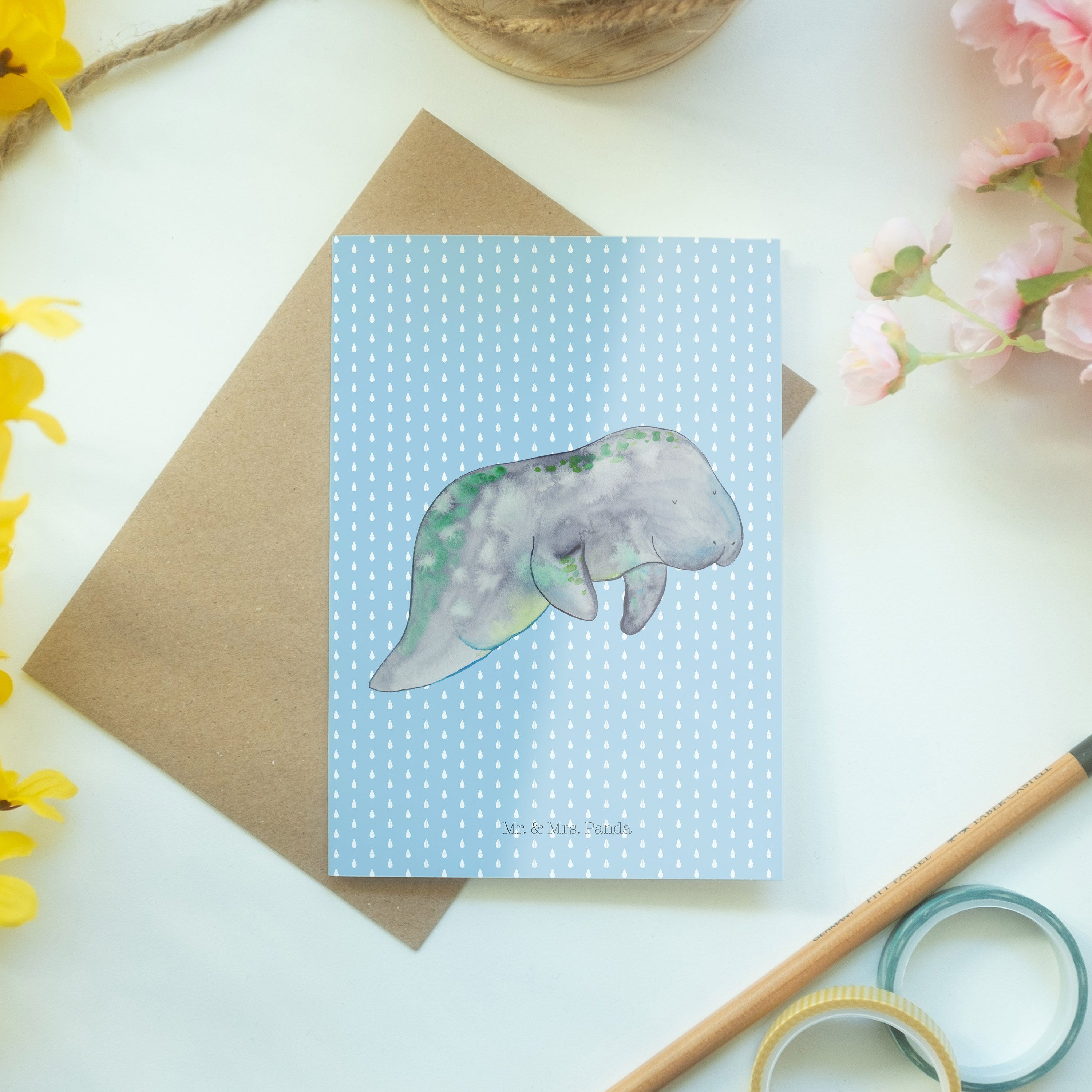 Panda - Glückwunschkarte Pastell Grußkarte & Geschenk, Mr. Klappkarte, Seekuh chillt - Mrs. Blau