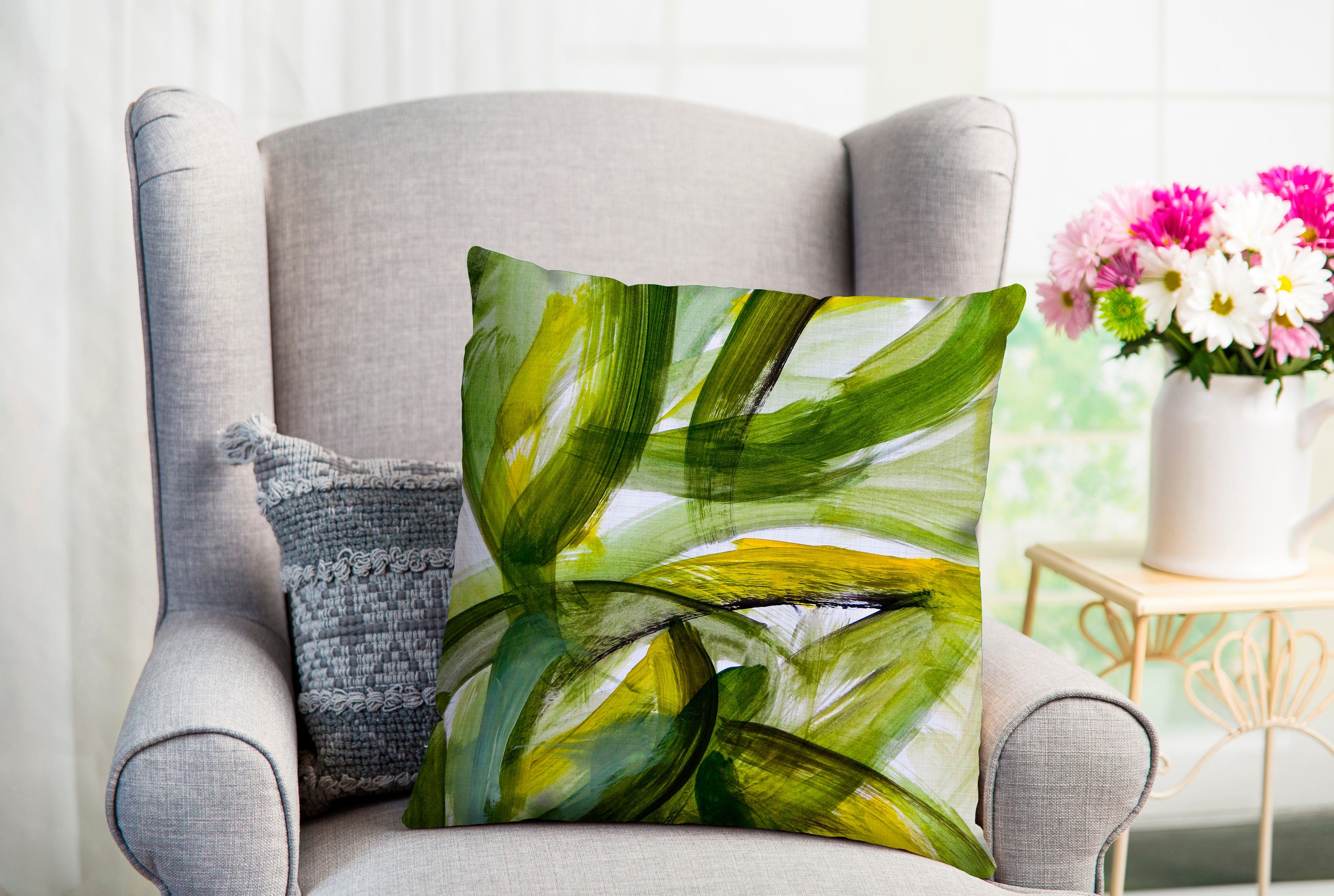 queence Декоративные подушки Fantasy, Подушкиhülle,Grünes Muster,Gepinselt,Abstrakt,Natur,Handgemalt,Frisch