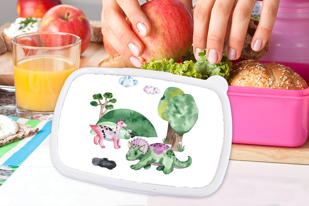 MuchoWow Lunchbox Dinosaurier für - Kinder, rosa Kinder, Mädchen Jungen Brotbox Snackbox, Zeichnung Kunststoff, - - Brotdose - Kunststoff (2-tlg), - Mädchen, Erwachsene, Kinderzimmer