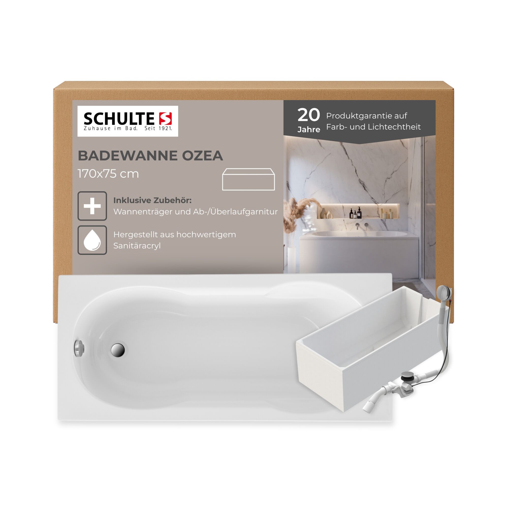 Schulte Badewanne Rechteck Ozea 170x75 cm, Sanitäracryl Weiß Komplett-Set mit Wannenträger und Ablauf