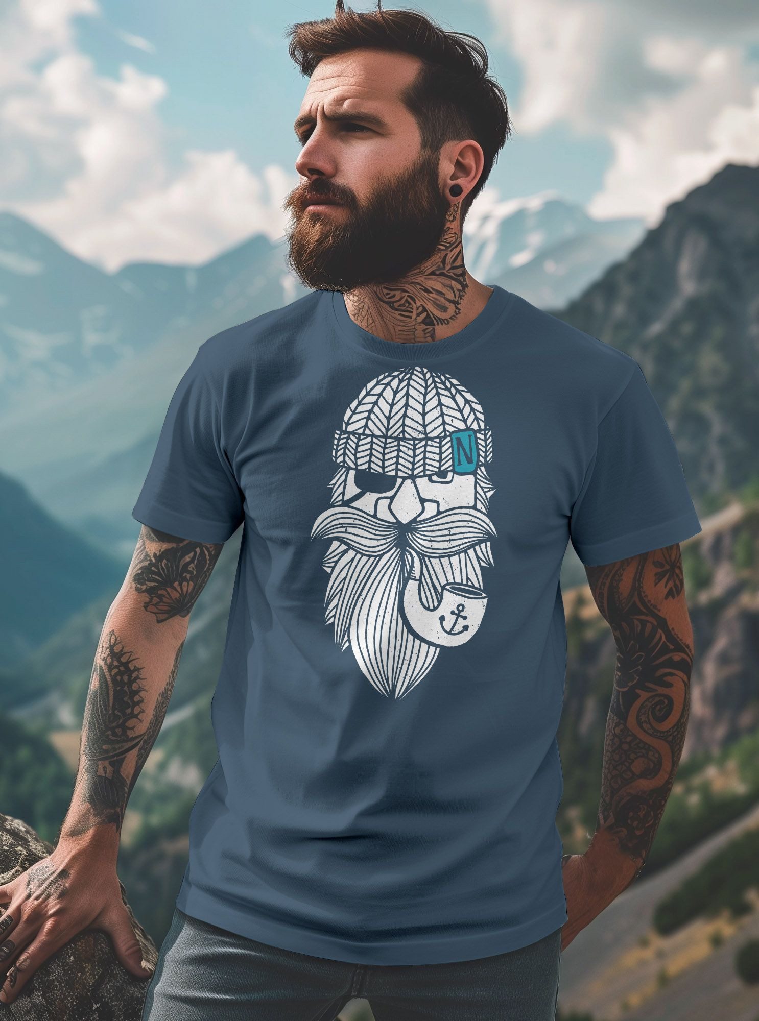 Neverless Print-Shirt Herren T-Shirt Printshirt Seemann Bart Seefahrer Nordisch Maritim mit Print