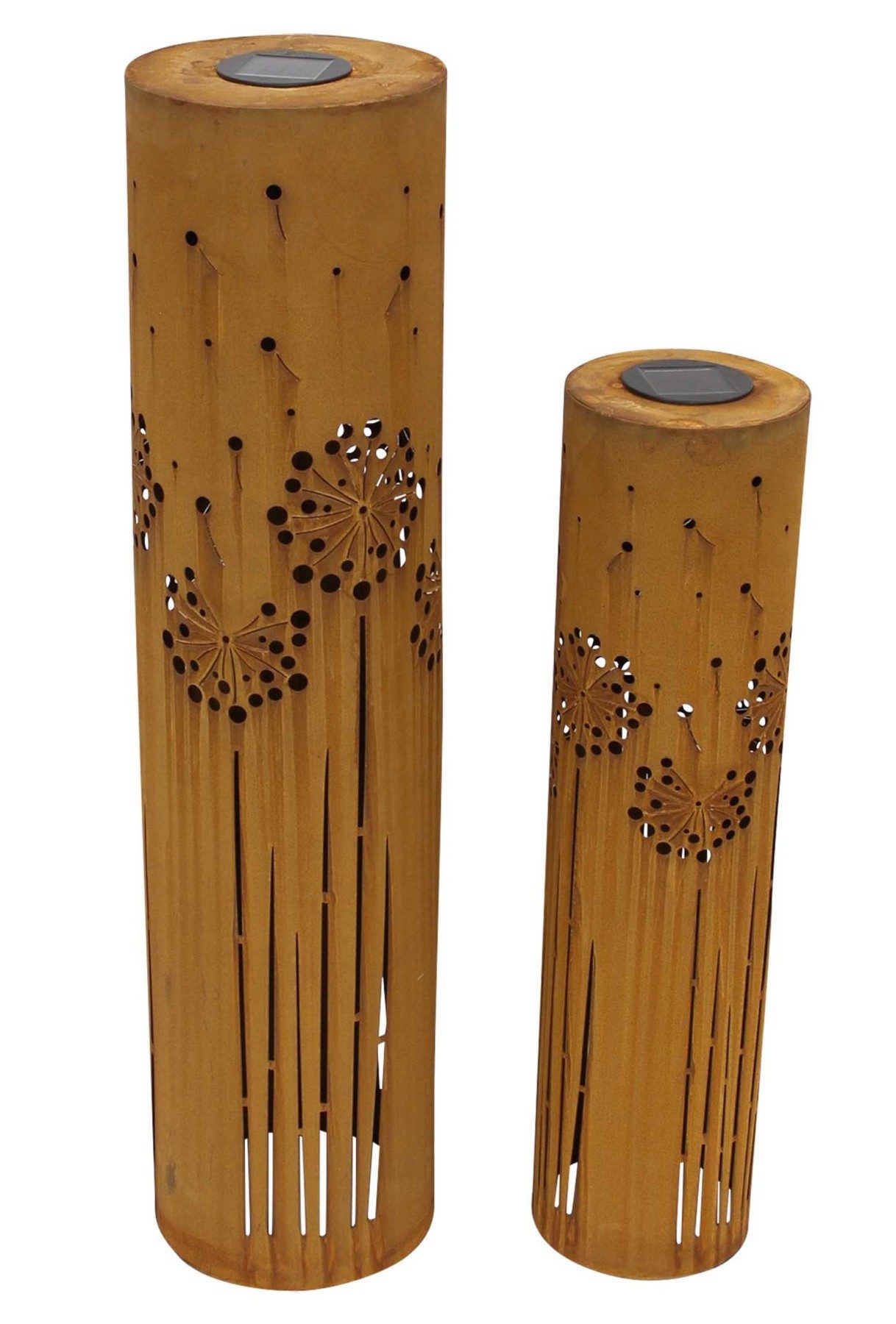 Dekoleidenschaft Dekosäule "Pusteblume" Solar LED Leuchtdeko, Metall, Echt Rost, 60 + 80 cm hoch (2 St., im Set), Rostsäule, Leuchtdeko, Gartendeko für Draußen, Solarleuchte