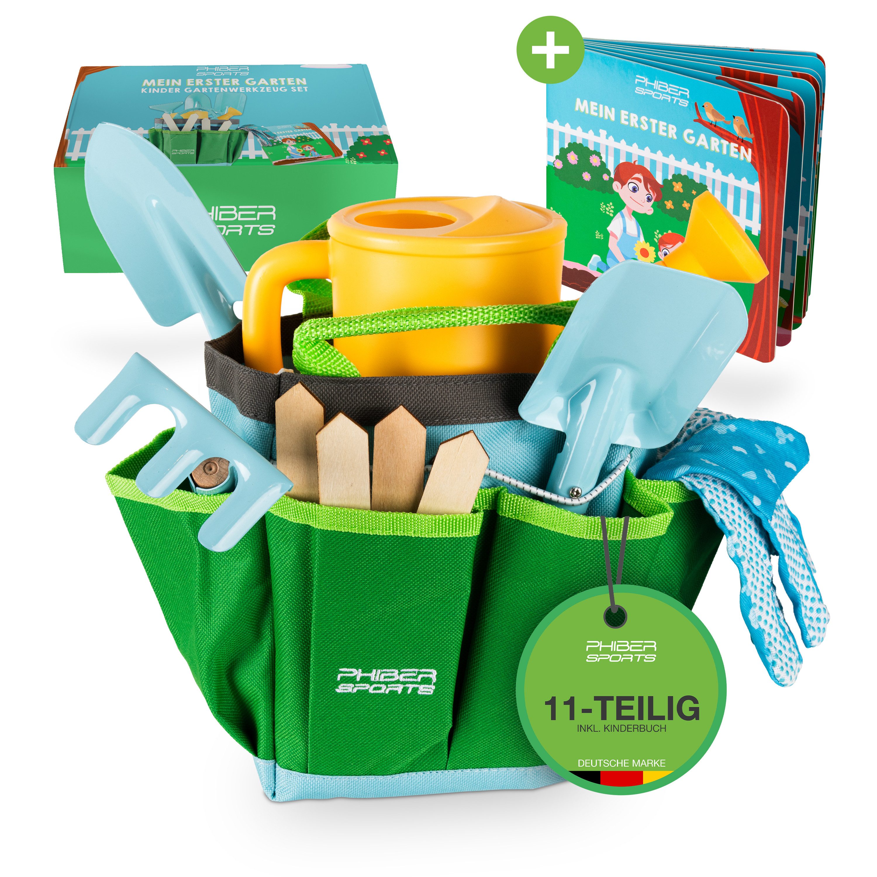 PHIBER-SPORTS Spielzeug-Gartenset PHIBER-SPORTS Kinder Gartenwerkzeug Set mit Kindergartenbuch, (Gartengeräte für Kinder ab 3 Jahre, auch für Sand und Strand, 11-tlg), Garten Werkzeug aus Metall, Gießkanne, Gartenhandschuhe, Tasche