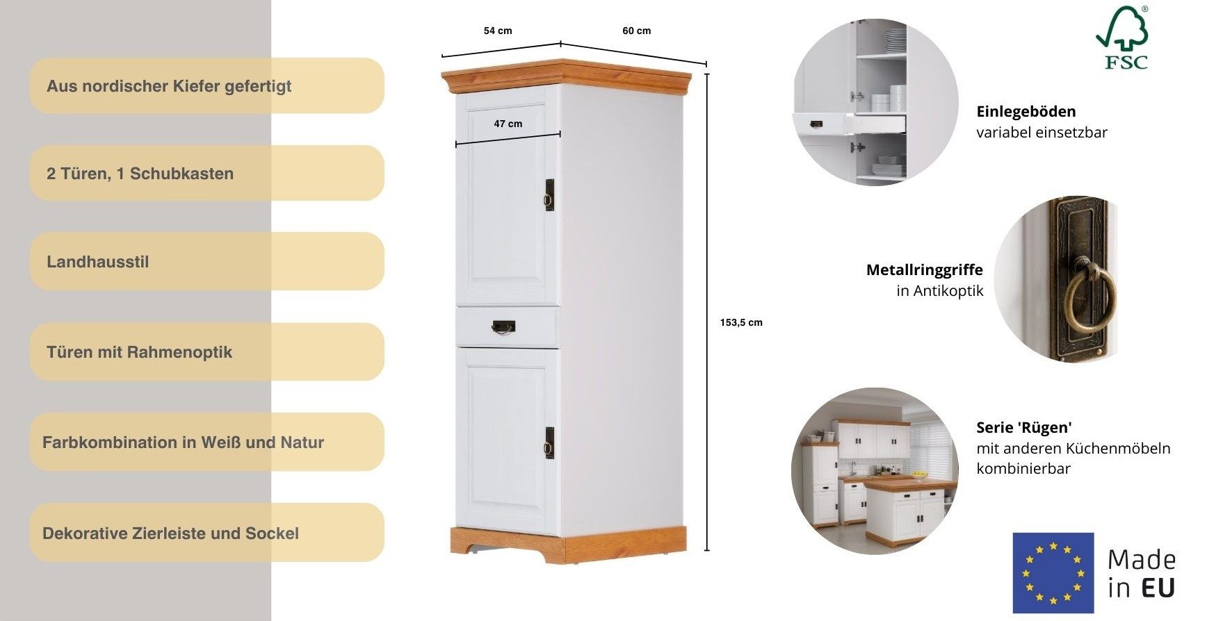 OTTO home Vorratsschrank Rügen Breite 47 cm, Kiefer massiv, 2 Türen, 1 Schubkasten
