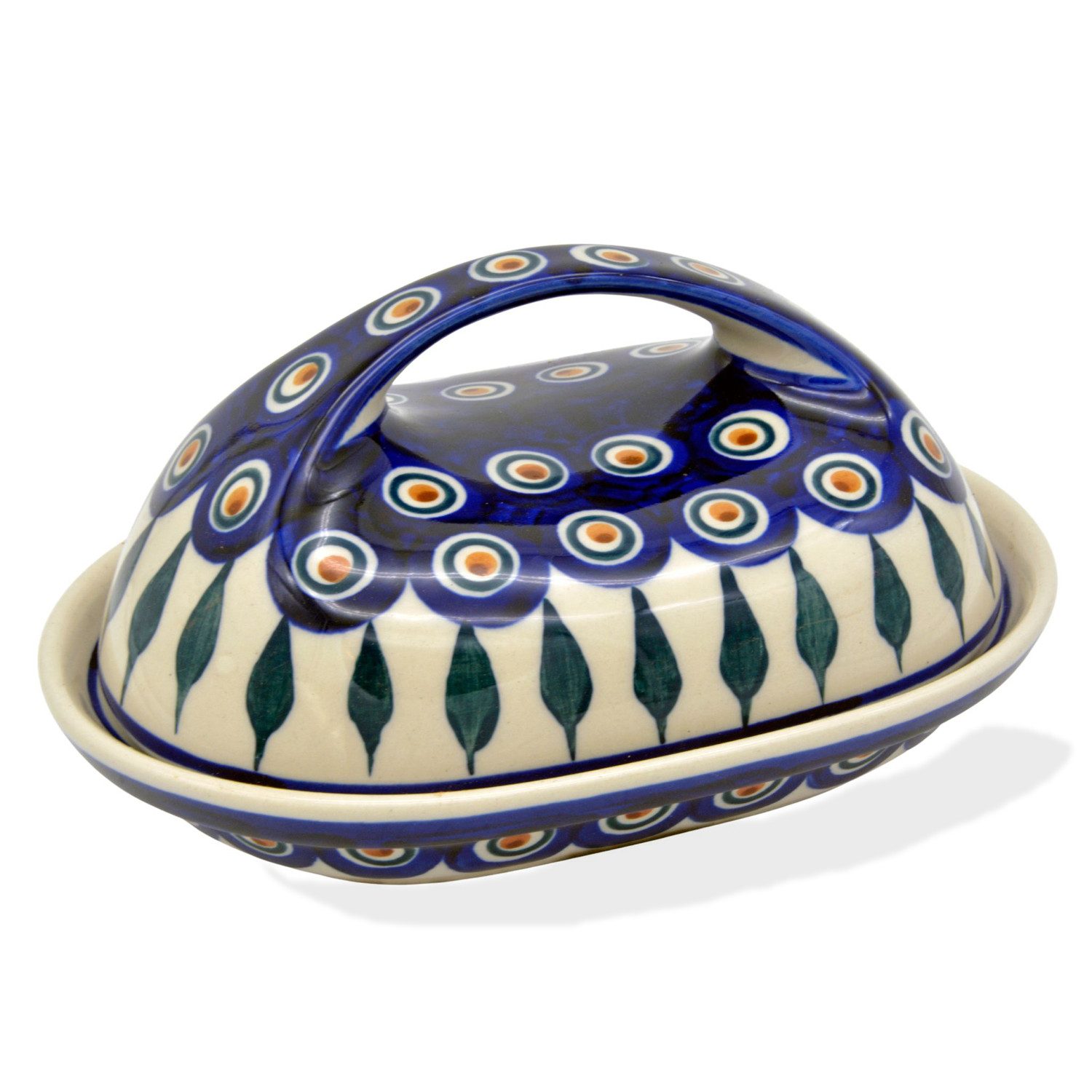 Bunzlauer Keramik Manufaktura Butterdose oval mit großem Griff, Unterteil und Deckel oval geformt, großer Griff.