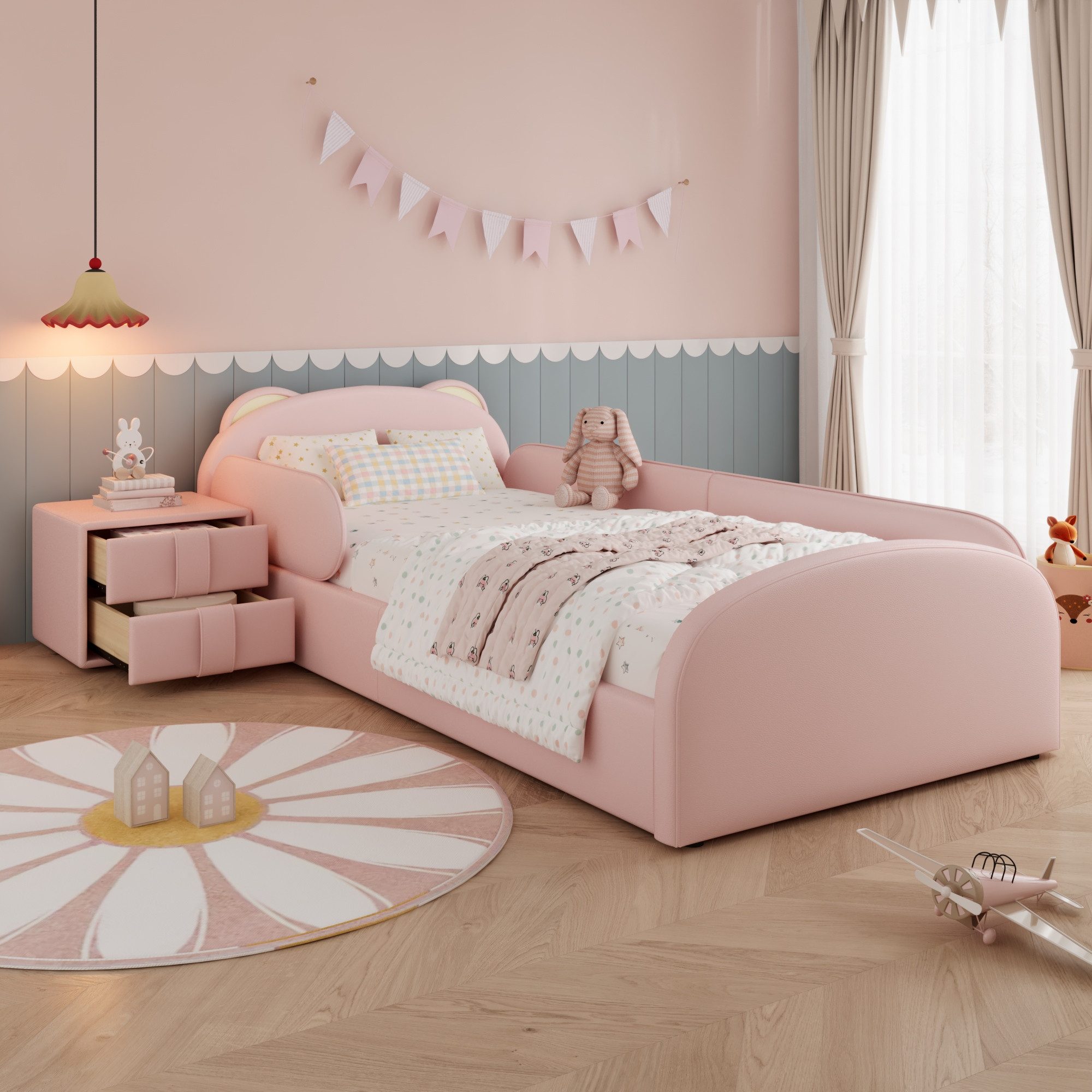 BlingBin Polsterbett Einzelbett & Kinderbett,90×200cm,Samt + Sperrholz,Mit einem Nachttisch (1 Stück, 1-tlg., 90*200cm), Niedliches Kopfteil in Bärenform, Weiche anti kollision sichere Kanten