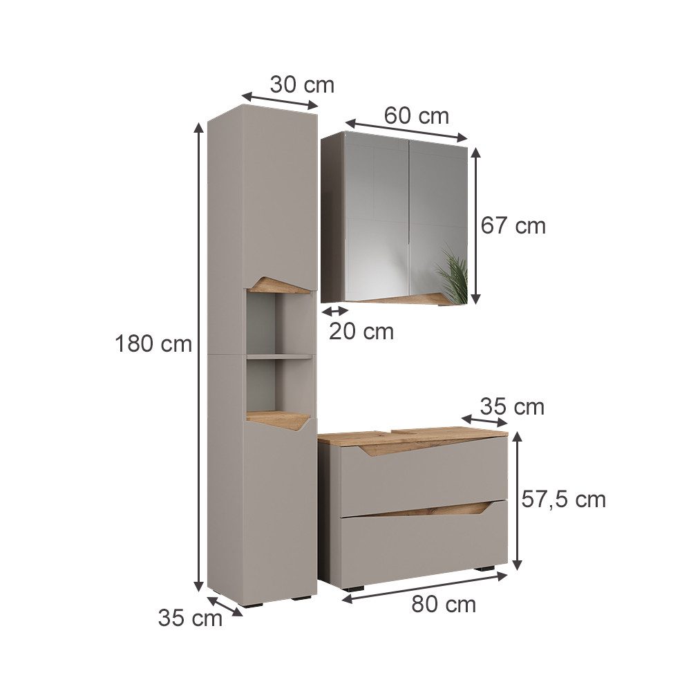 Vicco Badmöbel-Set Marelle, Greige/Artisan, 3 Teile günstig online kaufen