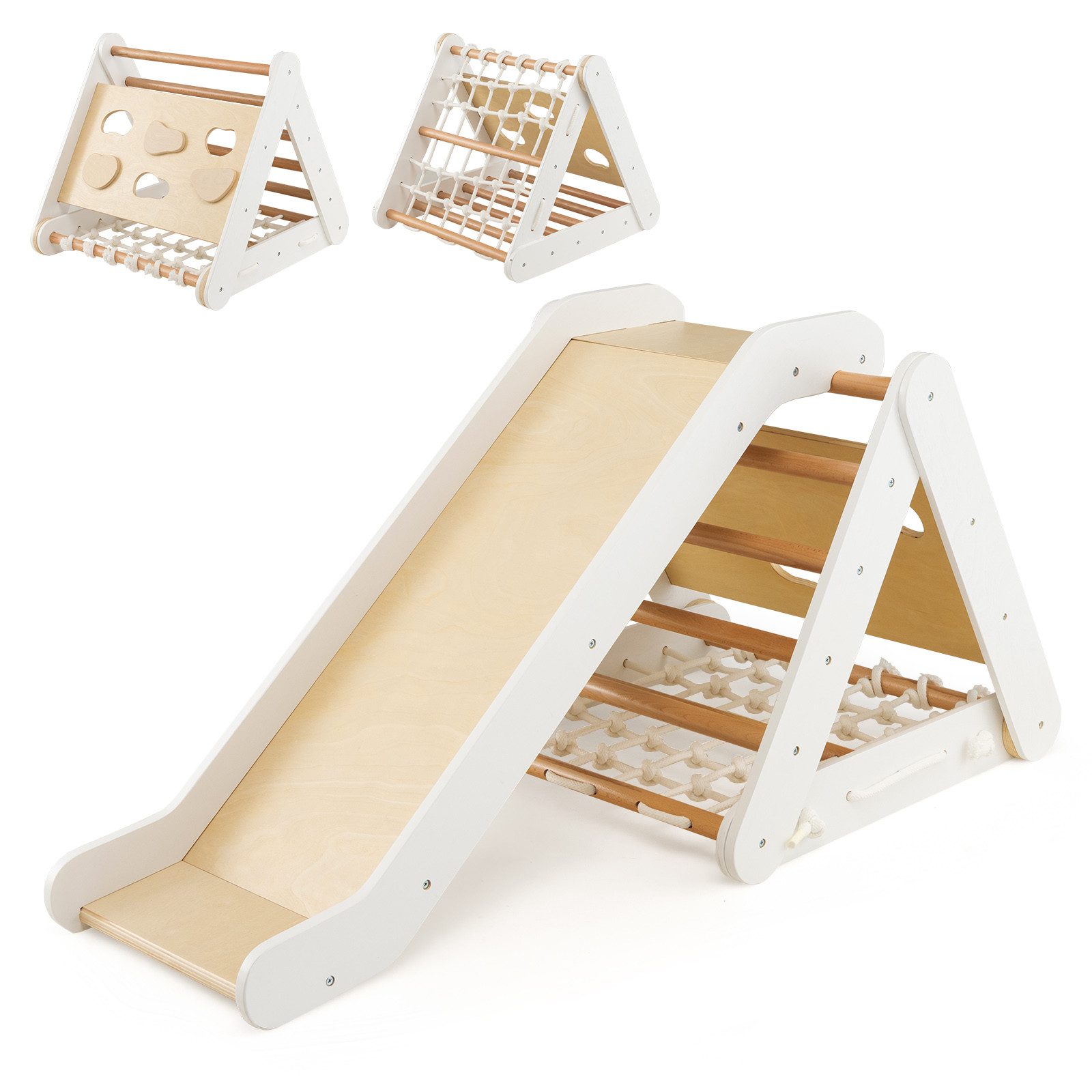 COSTWAY Klettergerüst 4 in 1 Kletterdreieck, mit Rutsche, aus Holz