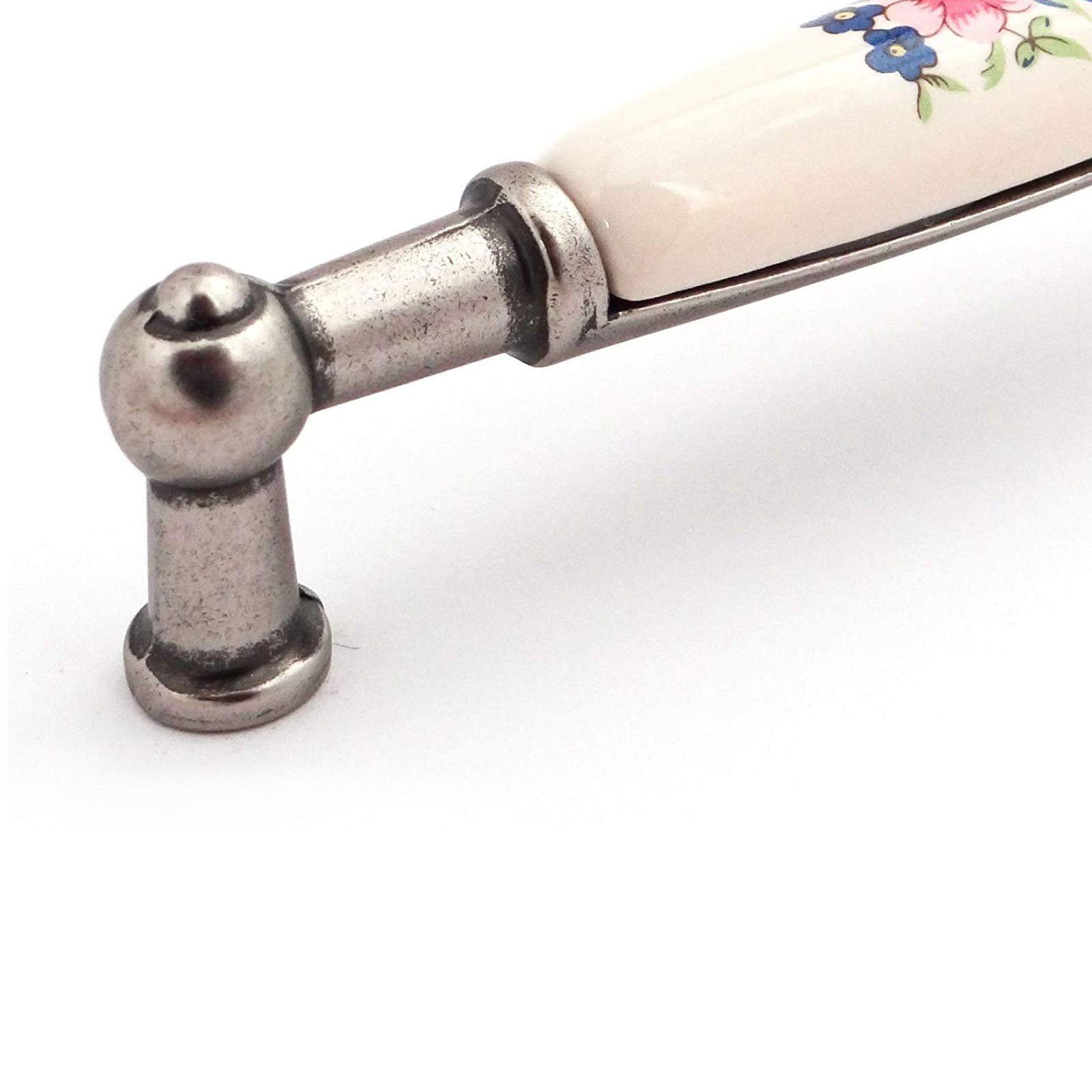 SO-TECH® Möbelgriff Porzellangriff Landhaus BA 96 mm Altsilber / Cremefarbig, Blumendekor - inkl. Schrauben