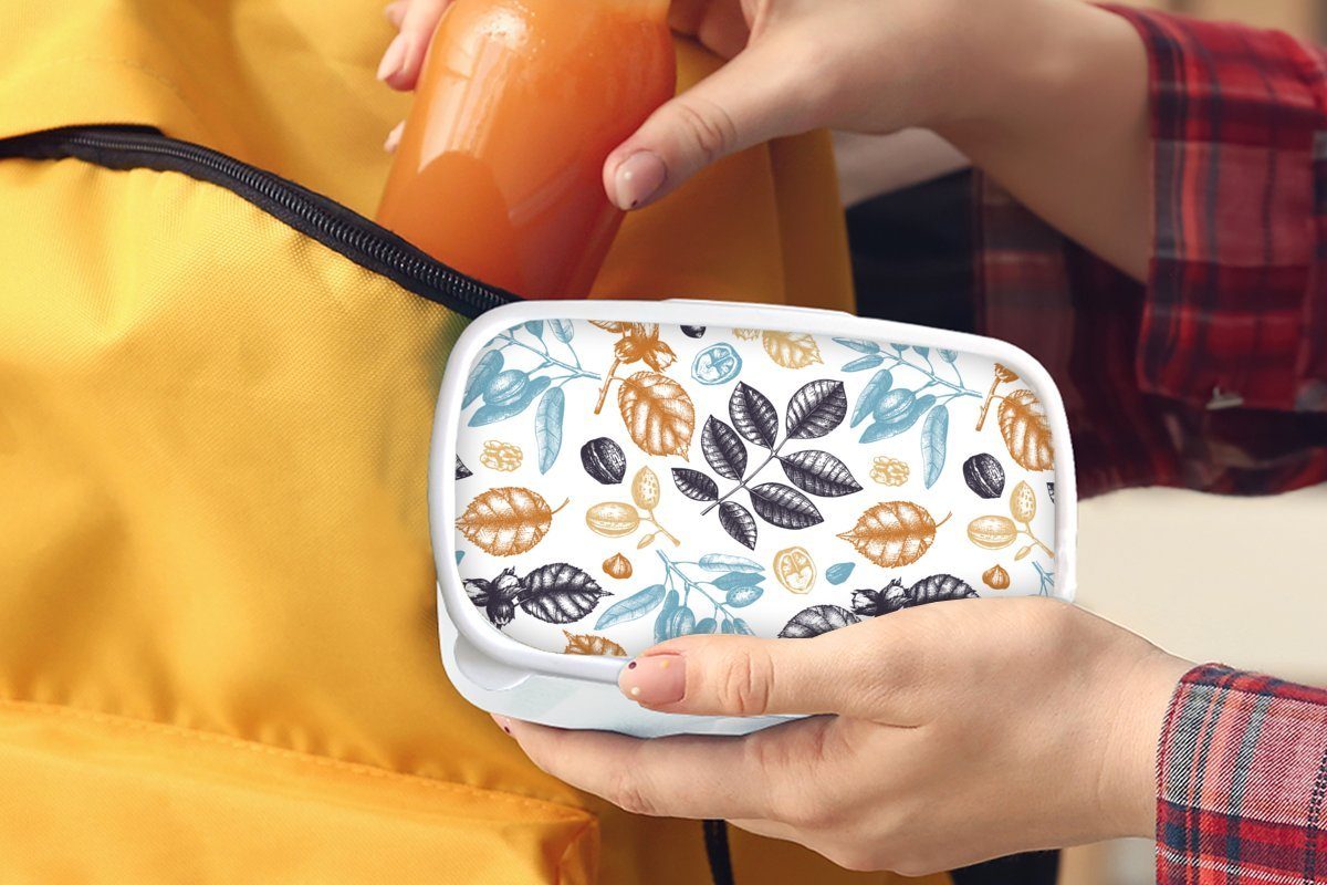 Brotdose, und Jungs Lunchbox MuchoWow Mädchen Kunststoff, (2-tlg), Blätter Erwachsene, Kinder für Vintage für Muster, und weiß - Brotbox -