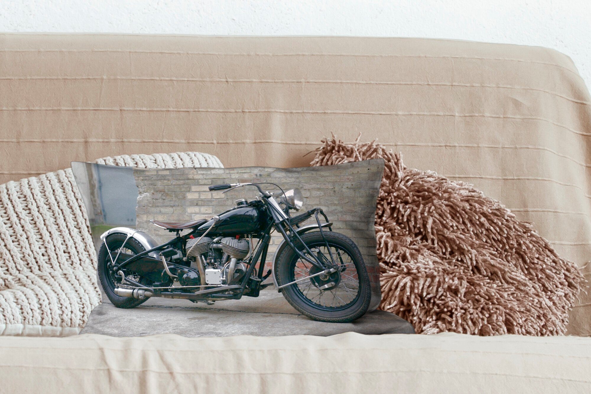 antiken Motorrads, Füllung, Dekoration, Schlafzimmer Seitenansicht mit Zierkissen, eines Dekokissen MuchoWow Dekokissen Wohzimmer