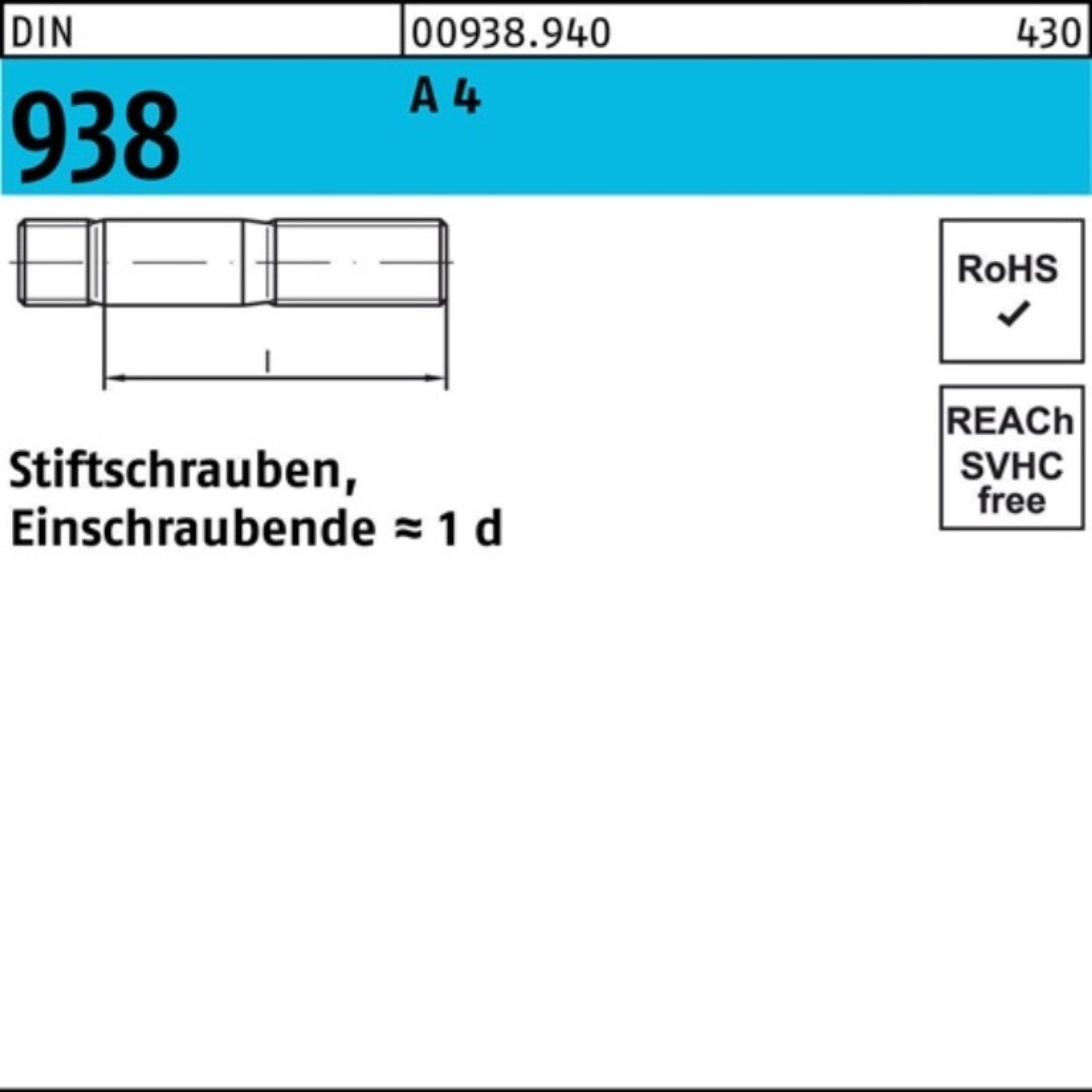 Reyher Stiftschraube DIN 4 Sti Stiftschraube 938 Stück 100er Pack DIN A 100 938 A 1 4 M24x