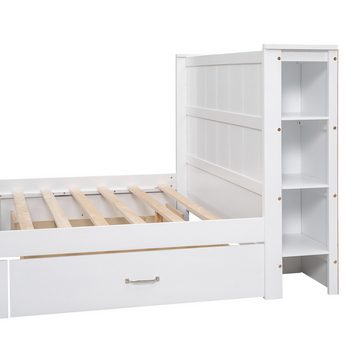MODFU Massivholzbett Doppelbett mit Stauraum am Kopfende und Vier Schubladen unter dem Bett (Vier Schubladen unter dem Bett 140x200cm), ohne Matratze