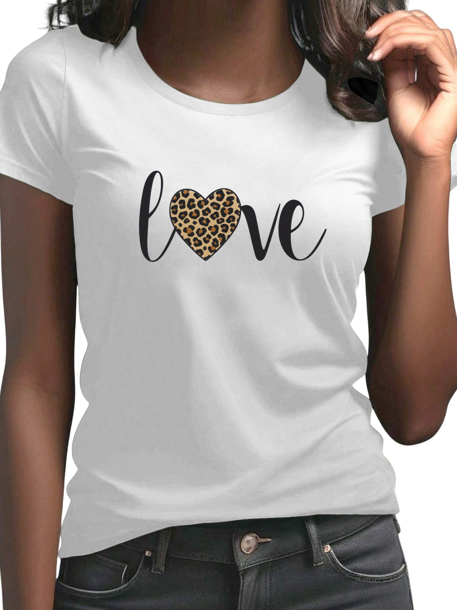 Kurzarmbluse Damen bequemes Sommer Kurzarmbluse Slim Fit Liebe Leopard Print-Shirt