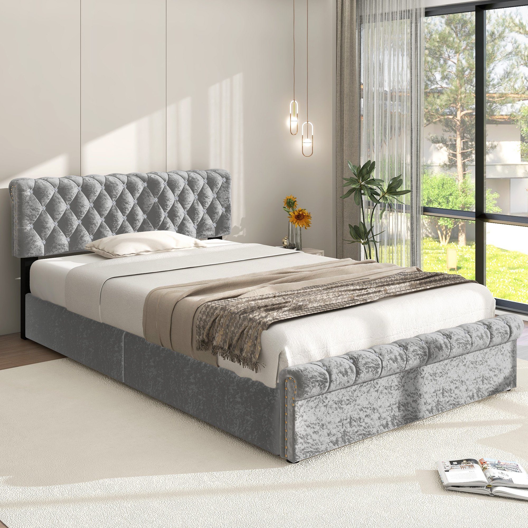 Boxspringbett (Einzelbett 90 x 200 cm, Polsterbett mit kristall schnalle, Lattenrost und Bettkasten), Hydraulisches Bett Funktionsbett mit höhenverstellbar Kopfteil, Samt
